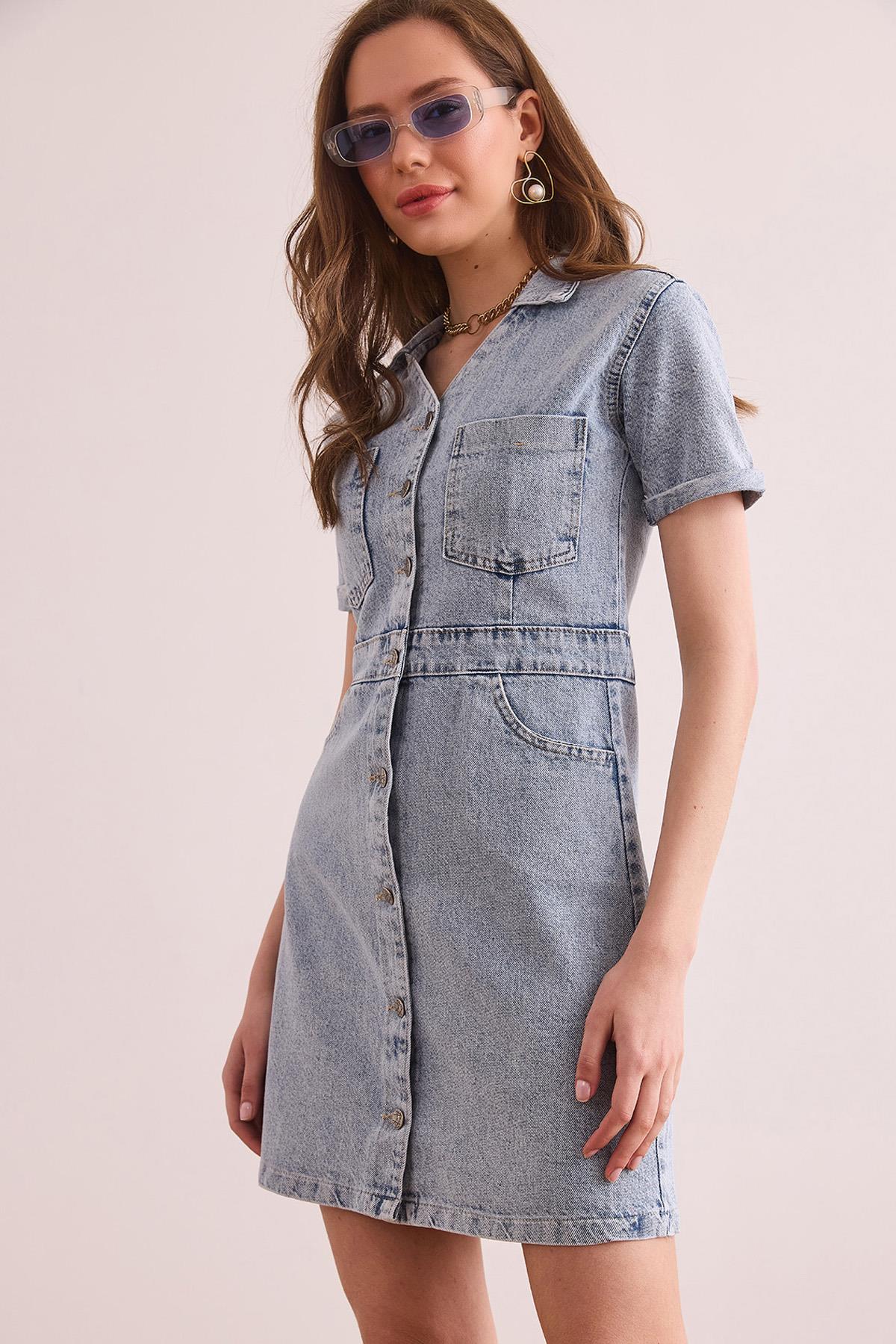Polo Yaka Cepli Mini Denim Elbise 1528 Açık Mavi