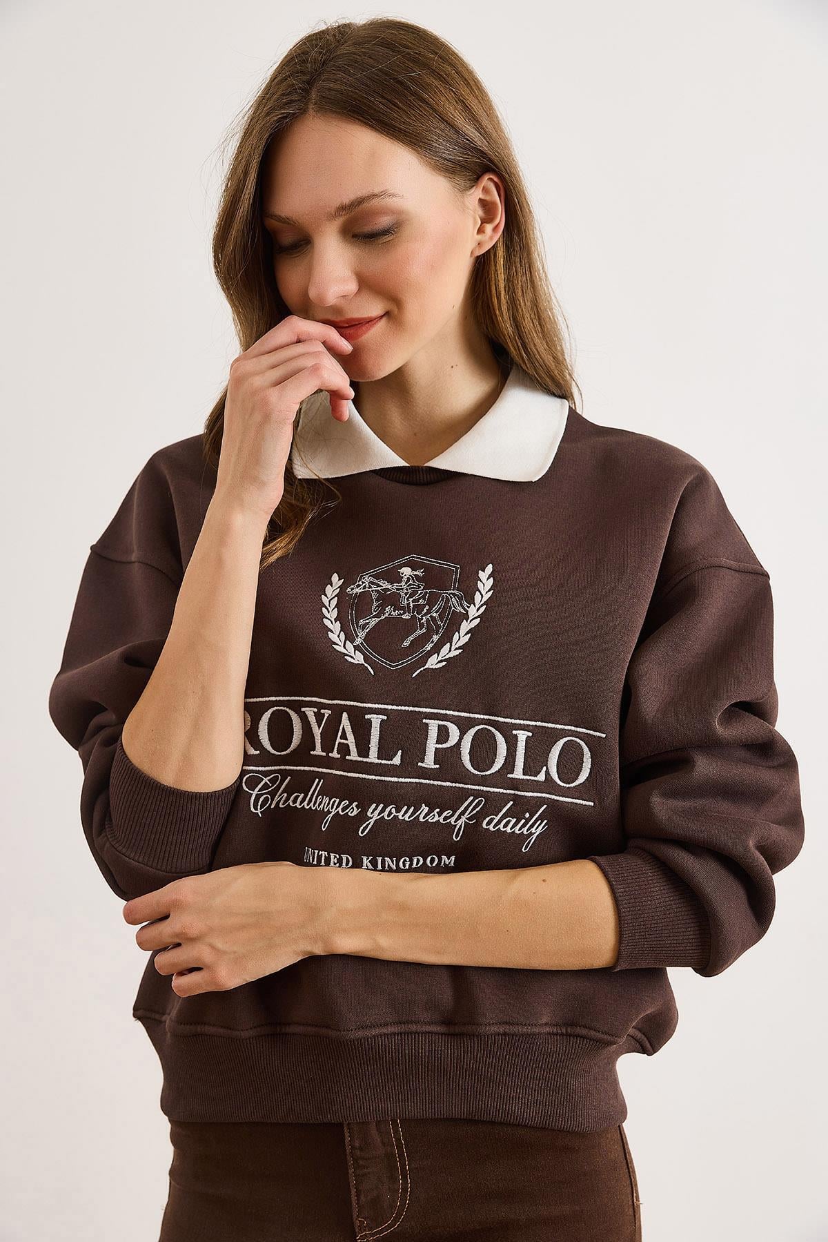 Polo Yaka Nakışlı Şardonlu Sweatshirt Kahverengi