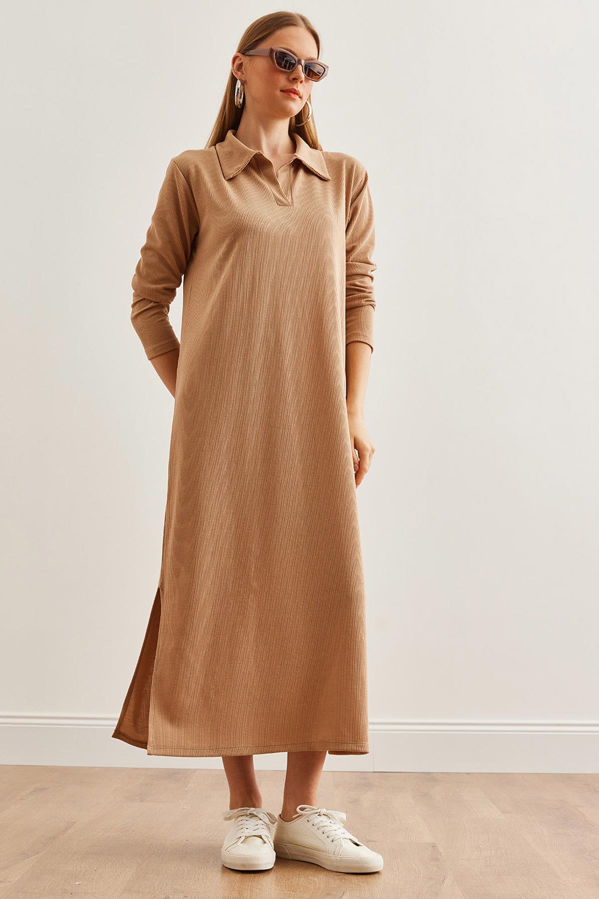 Polo Yaka Uzun Kollu Yırtmaçlı Burgu Elbise Camel