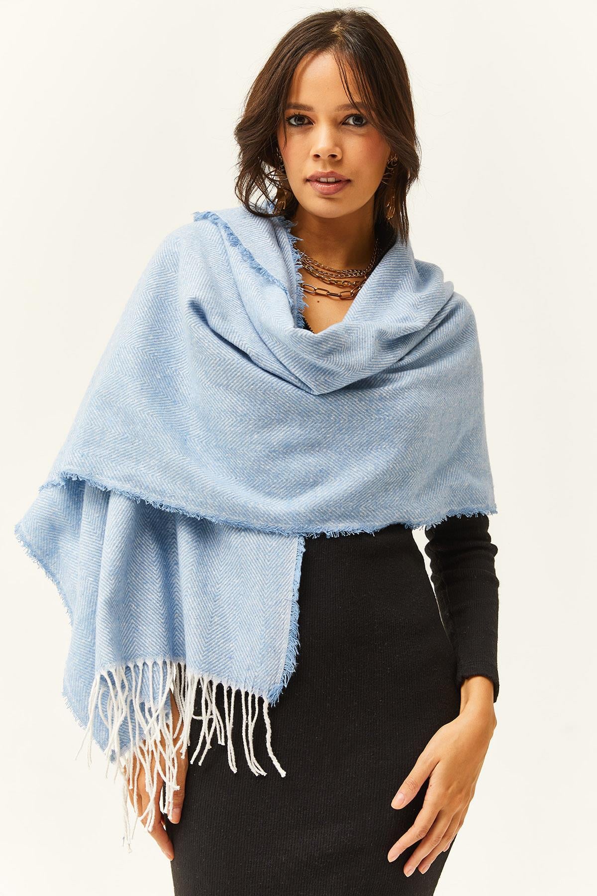 Püsküllü Kalın Omuz Şalı Bebe Mavi