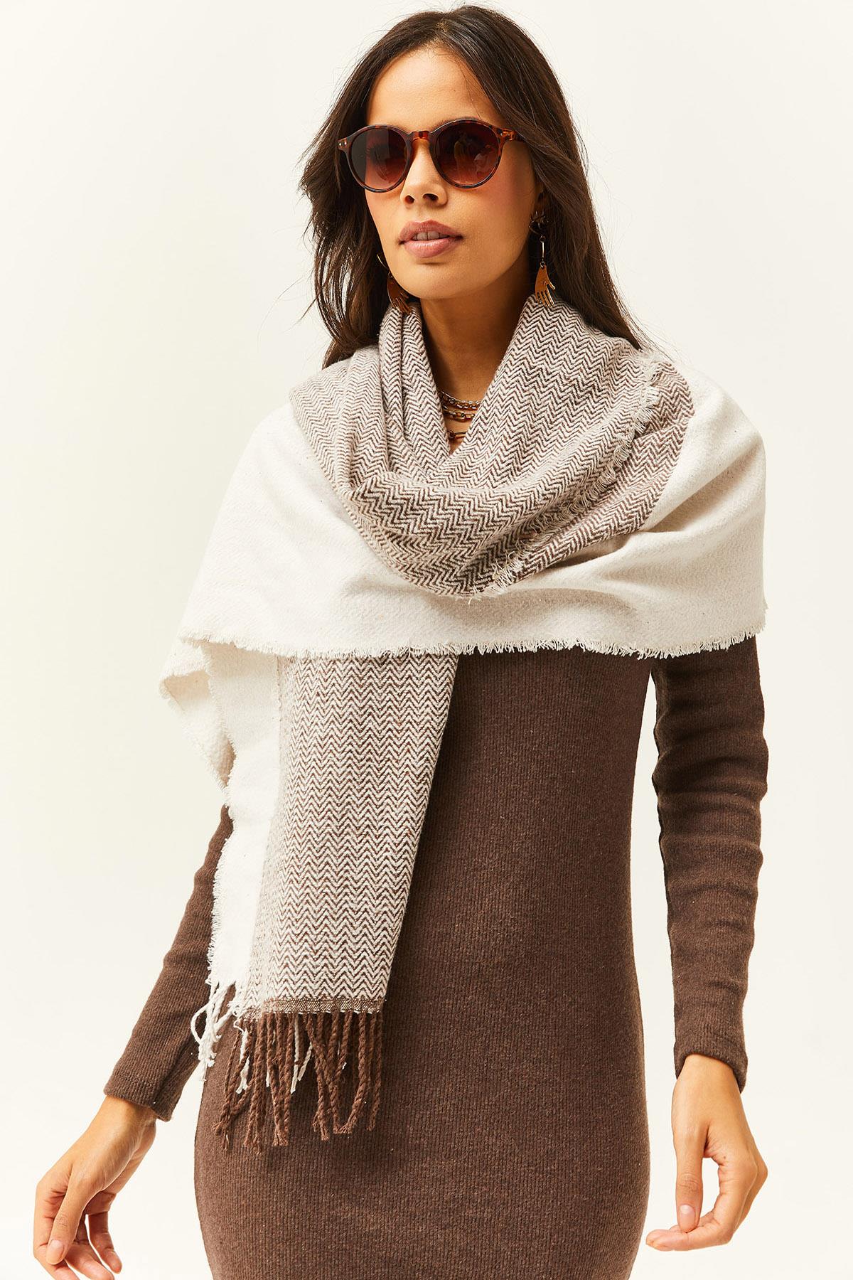 Püsküllü Kalın Omuz Şalı Taş Acı Kahve