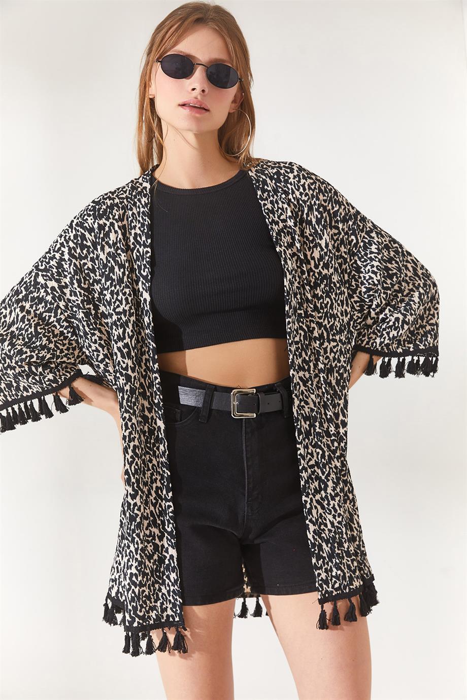 Püsküllü Salaş Örme Kimono Leopar Bej