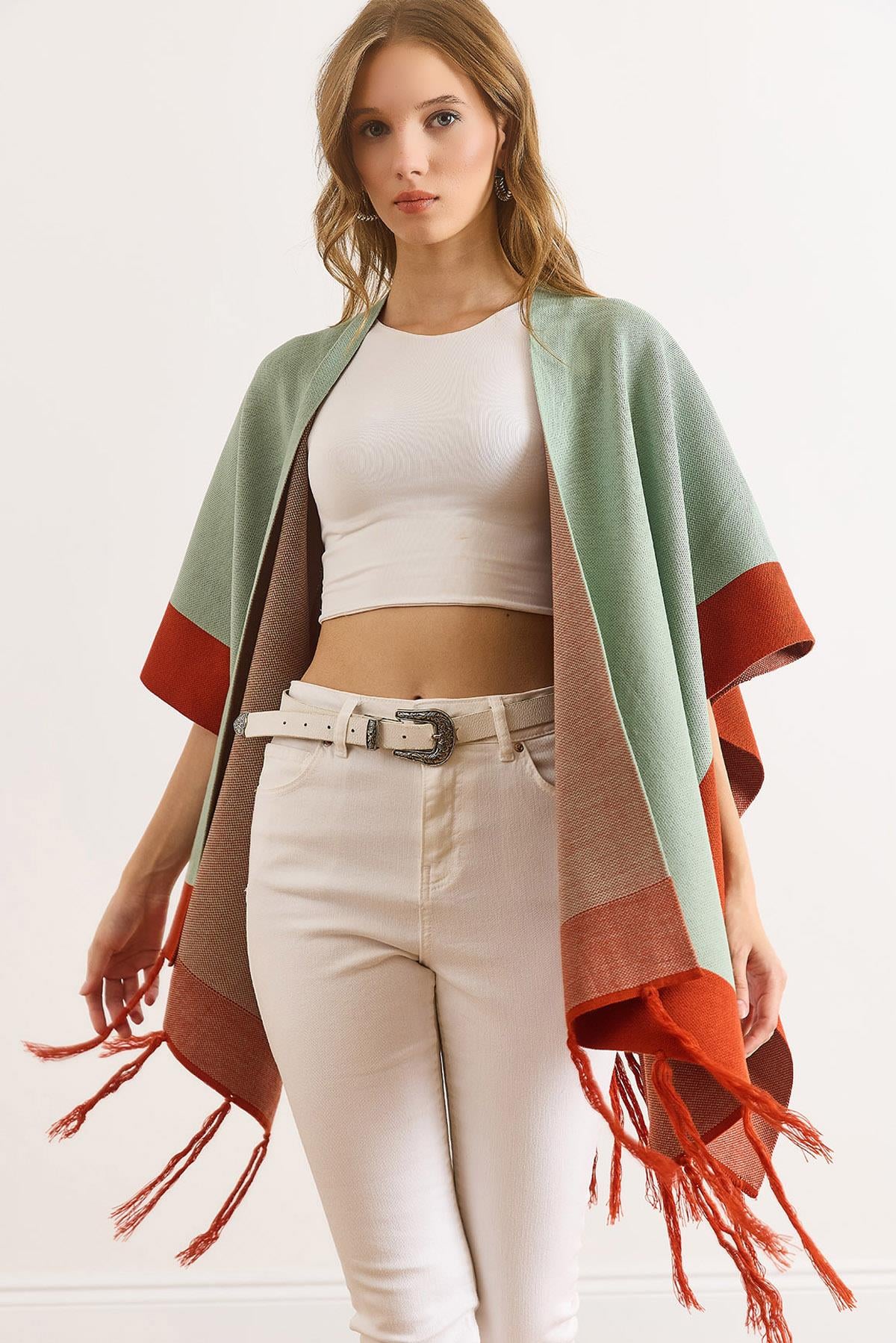 Renk Bloklu Panço Hırka Mint Yeşili