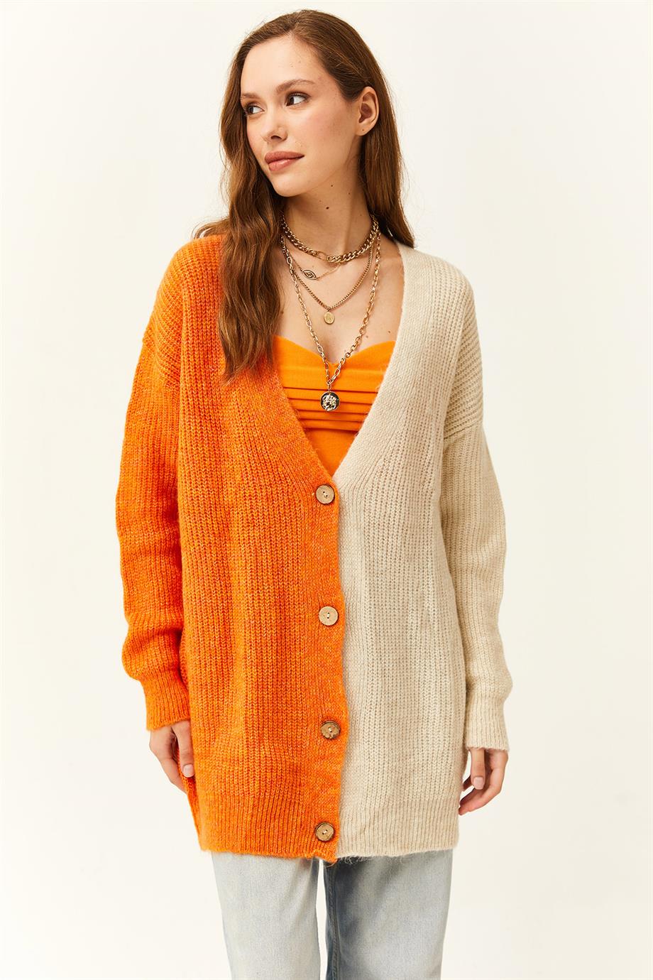 Renk Bloklu Yumuşak Dokulu Oversize Triko Hırka Turuncu