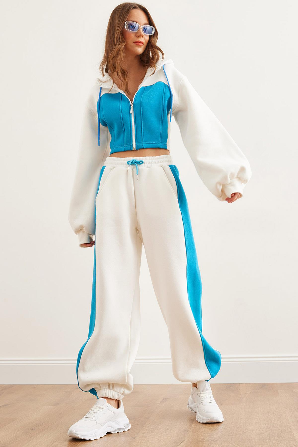 Renk Detaylı Şardonlu Kalın Kışlık Eşofman Takımı Mavi