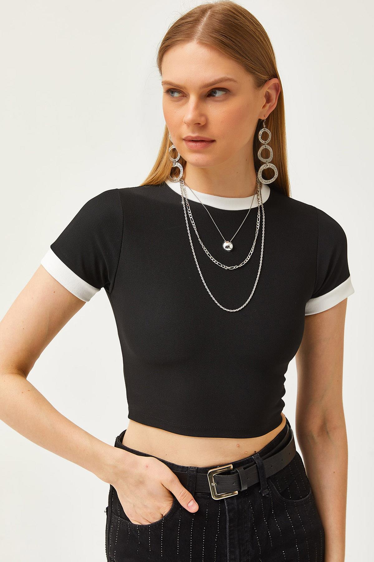 Renk Şeritli Likralı Crop Ottoman Bluz Siyah