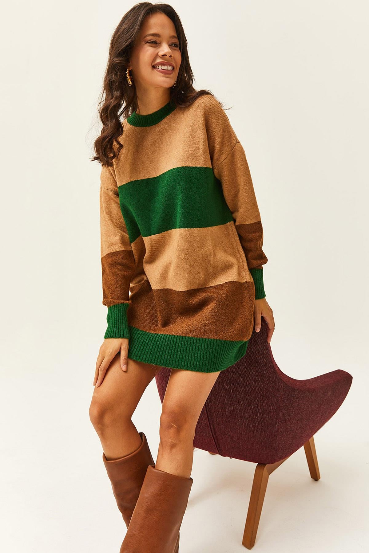 Renkli Şeritli Yumuşak Dokulu Mini Tunik Elbise Camel