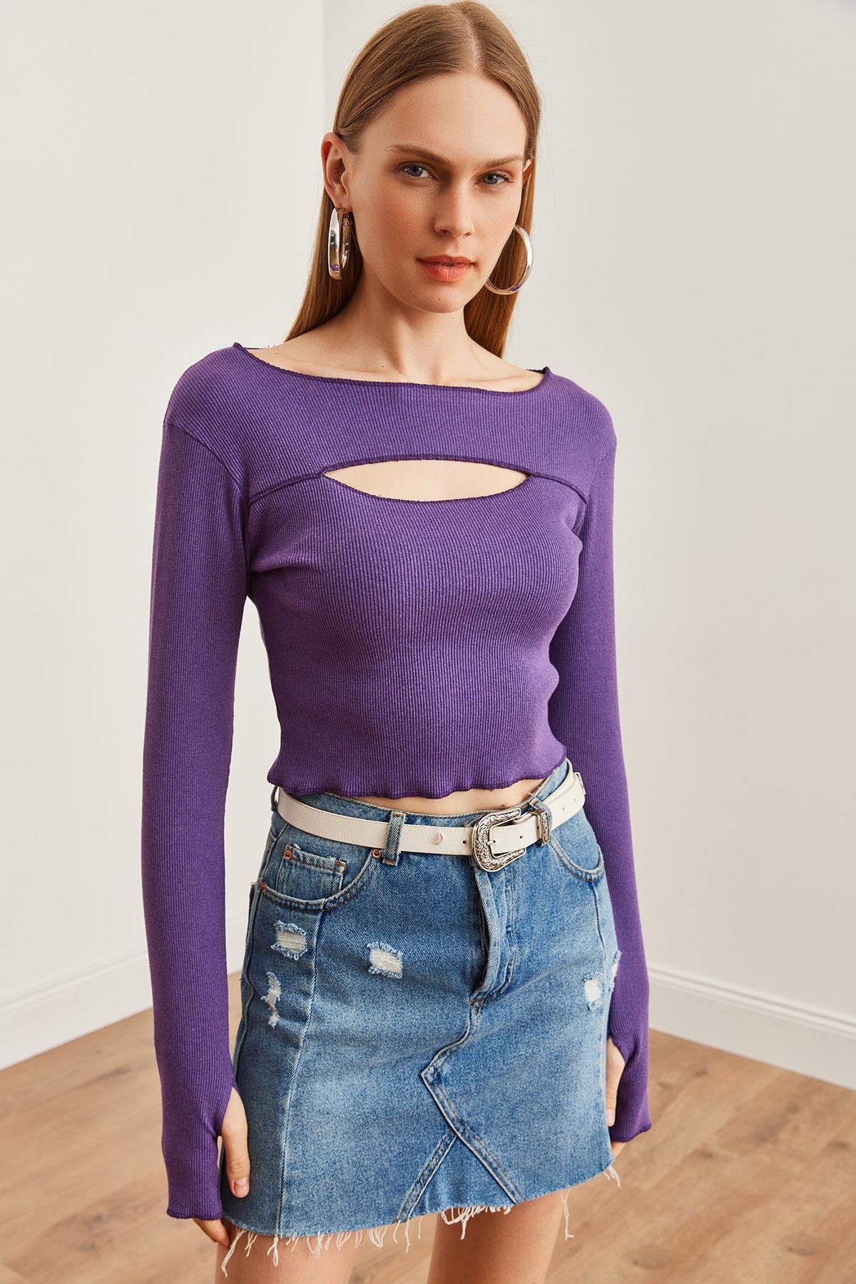 Roba Cut Out Parmak Detaylı Esnek Crop Bluz Mor
