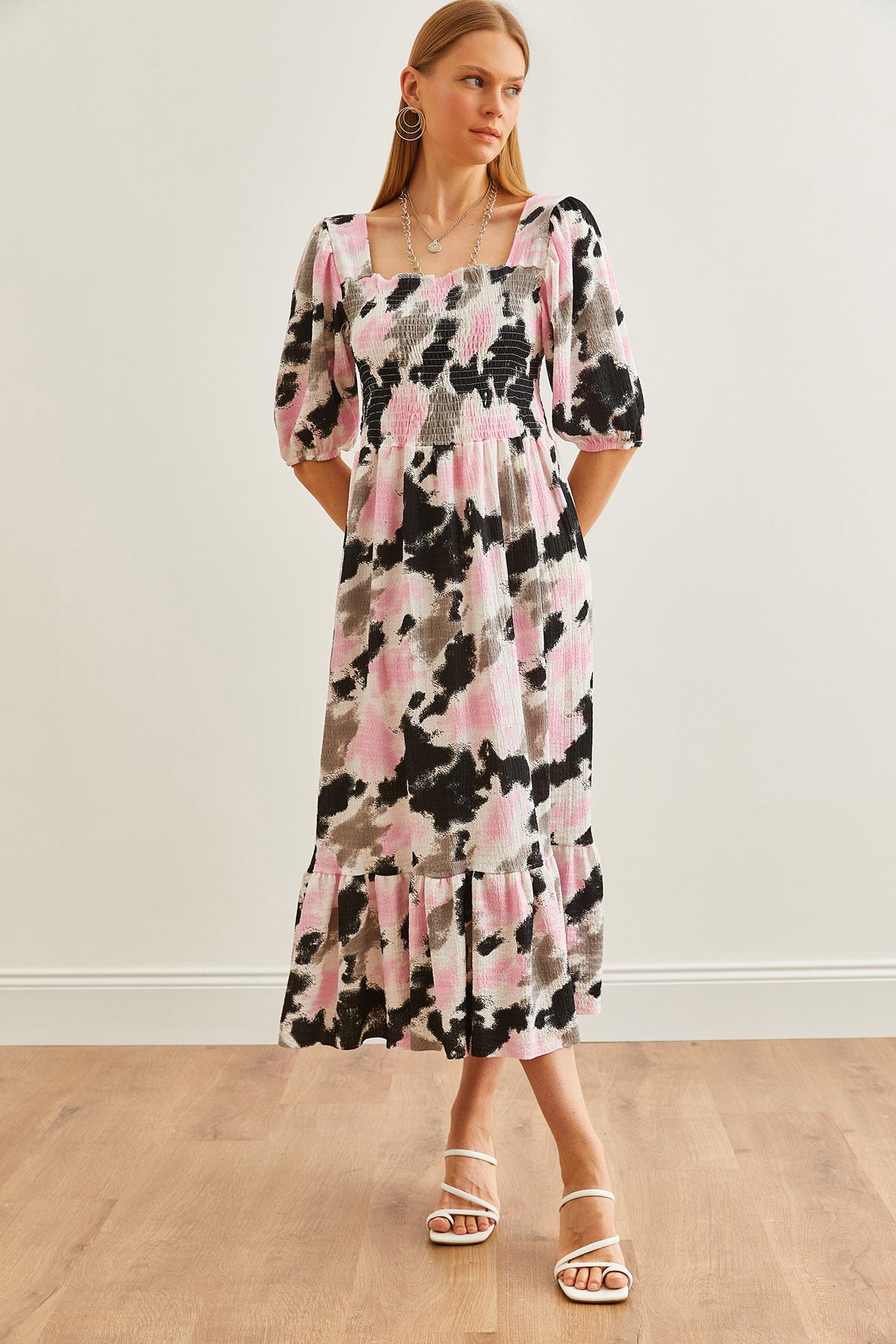 Roba Gipeli Midi Örme Elbise Batik Pembe