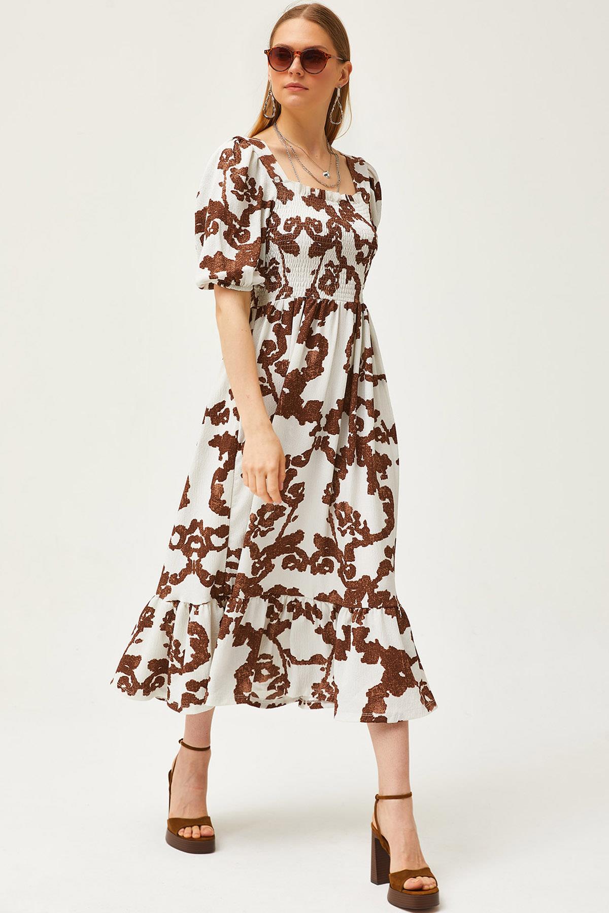 Roba Gipeli Midi Örme Elbise Ekru Kahverengi