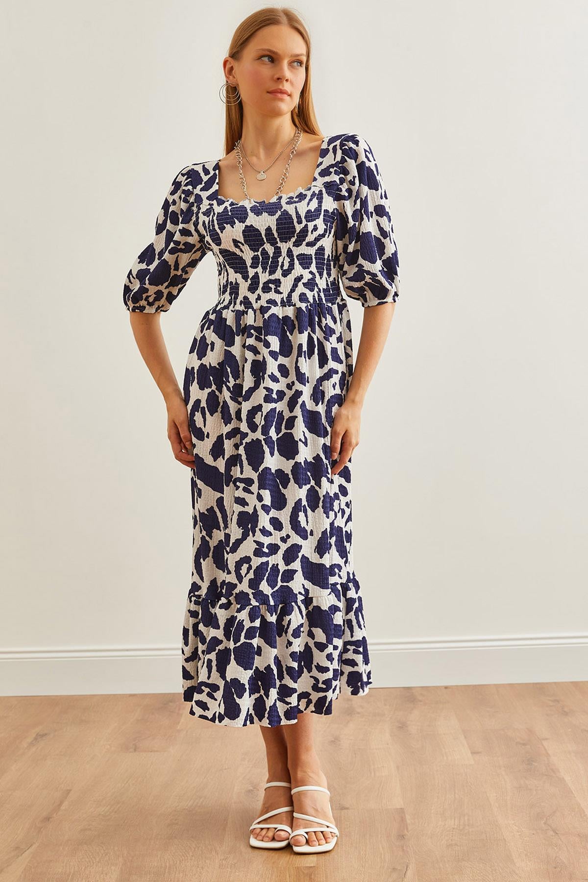 Roba Gipeli Midi Örme Elbise Leopar Lacivert