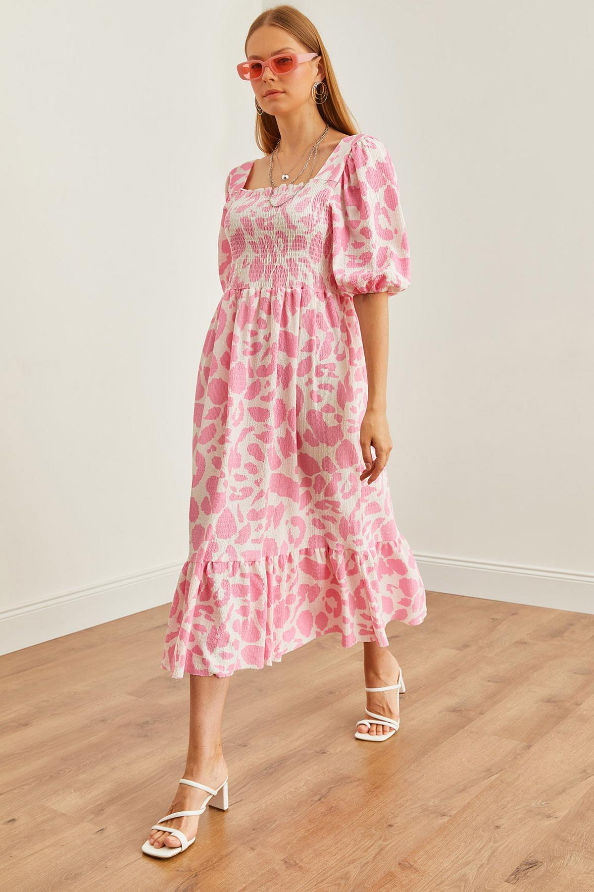 Roba Gipeli Midi Örme Elbise Leopar Pembe