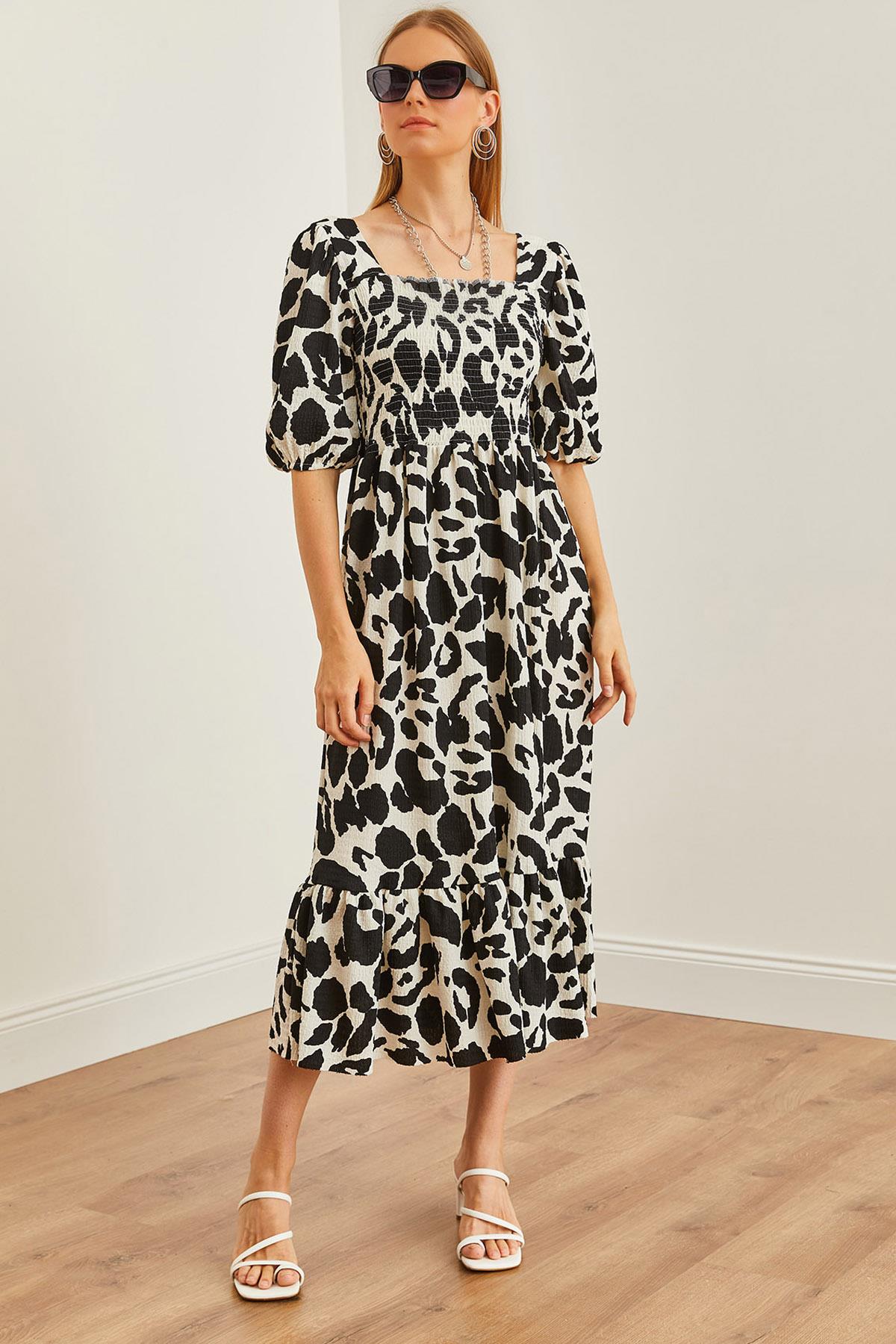 Roba Gipeli Midi Örme Elbise Leopar Siyah