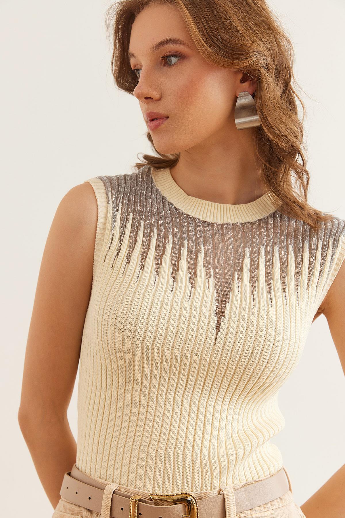 Roba Transparan Fitilli Triko Bluz Ekru Gümüş