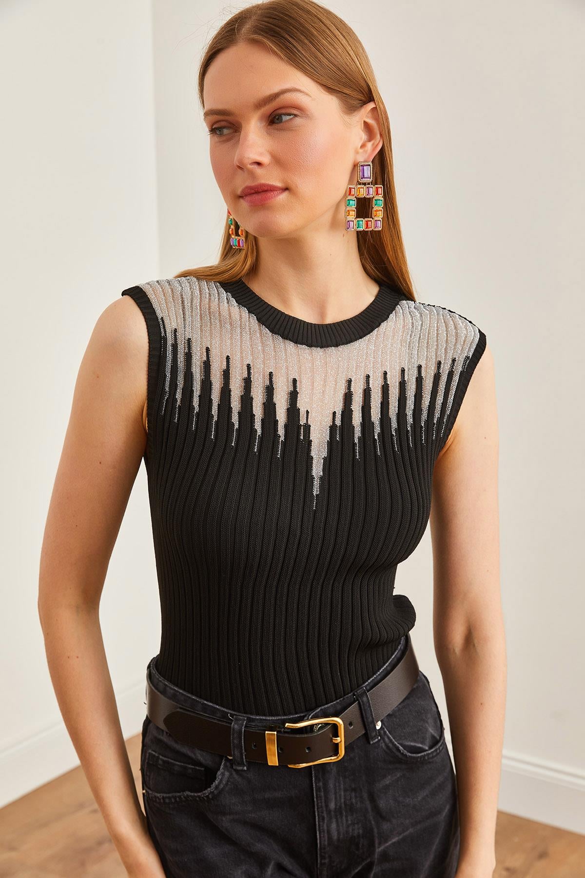 Roba Transparan Fitilli Triko Bluz Siyah Gümüş