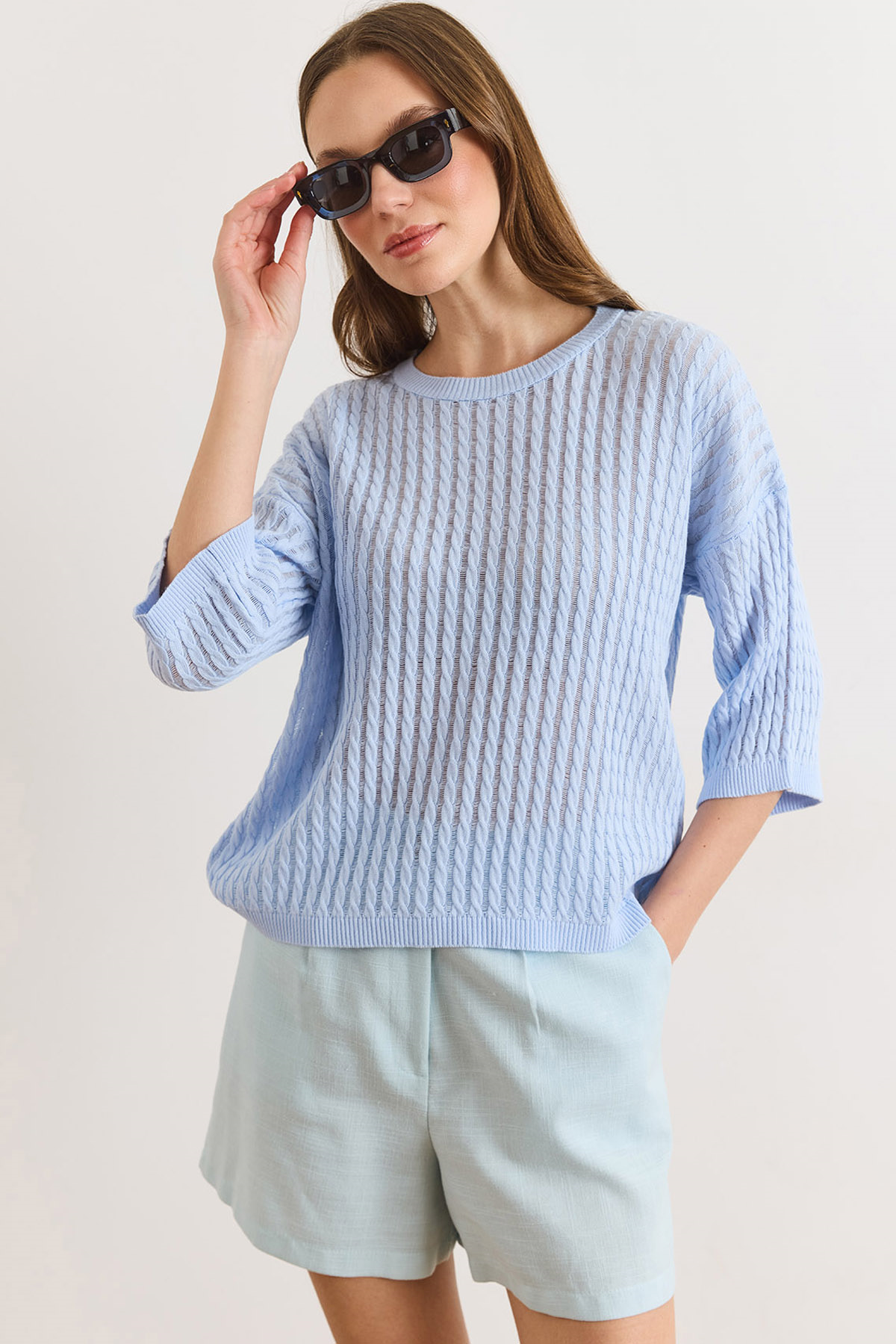 Saç Örgü Ajurlu Loose Fit Mevsimlik Triko Bluz Bebe Mavi