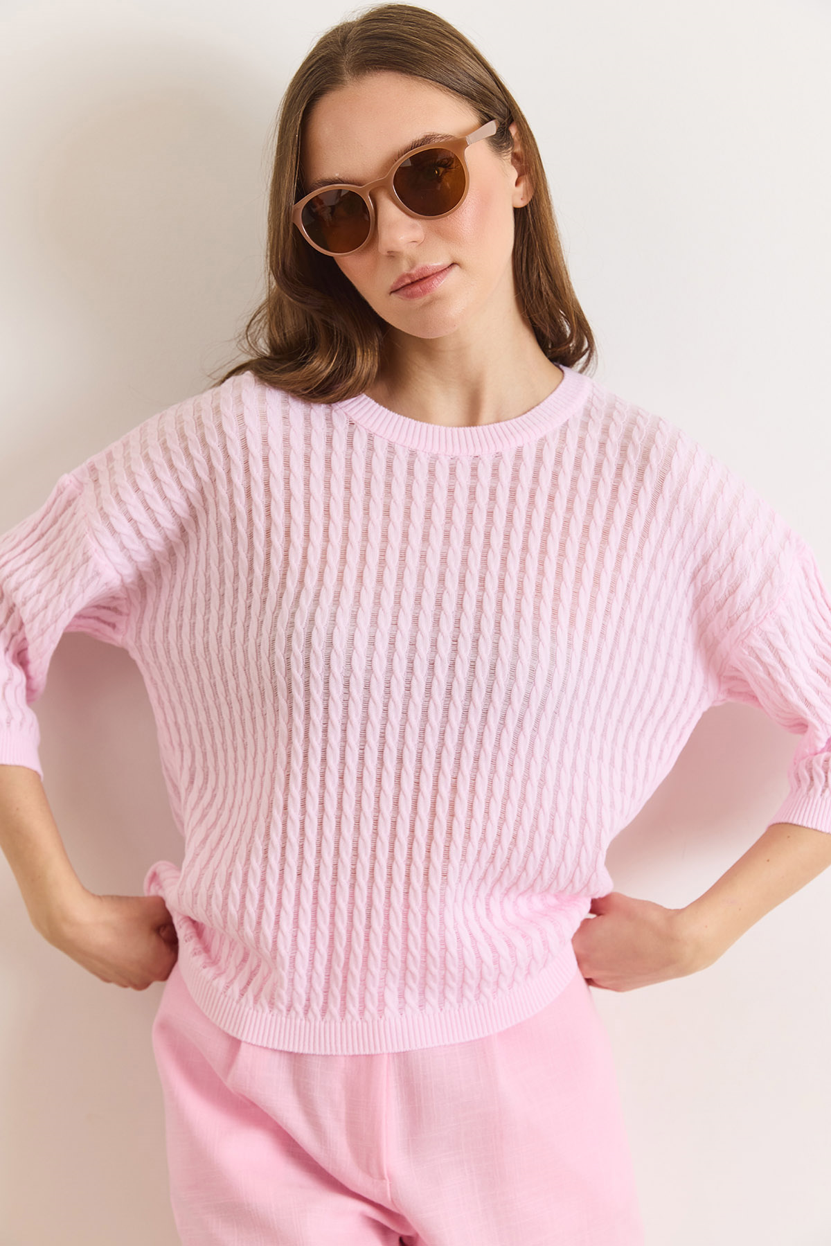Saç Örgü Ajurlu Loose Fit Mevsimlik Triko Bluz Şeker Pembe