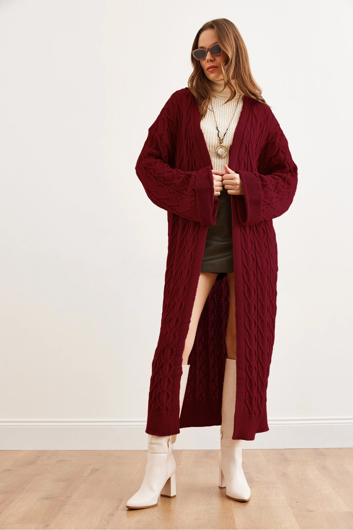 Saç Örgü Manşet Katlamalı Maxi Triko Hırka Bordo