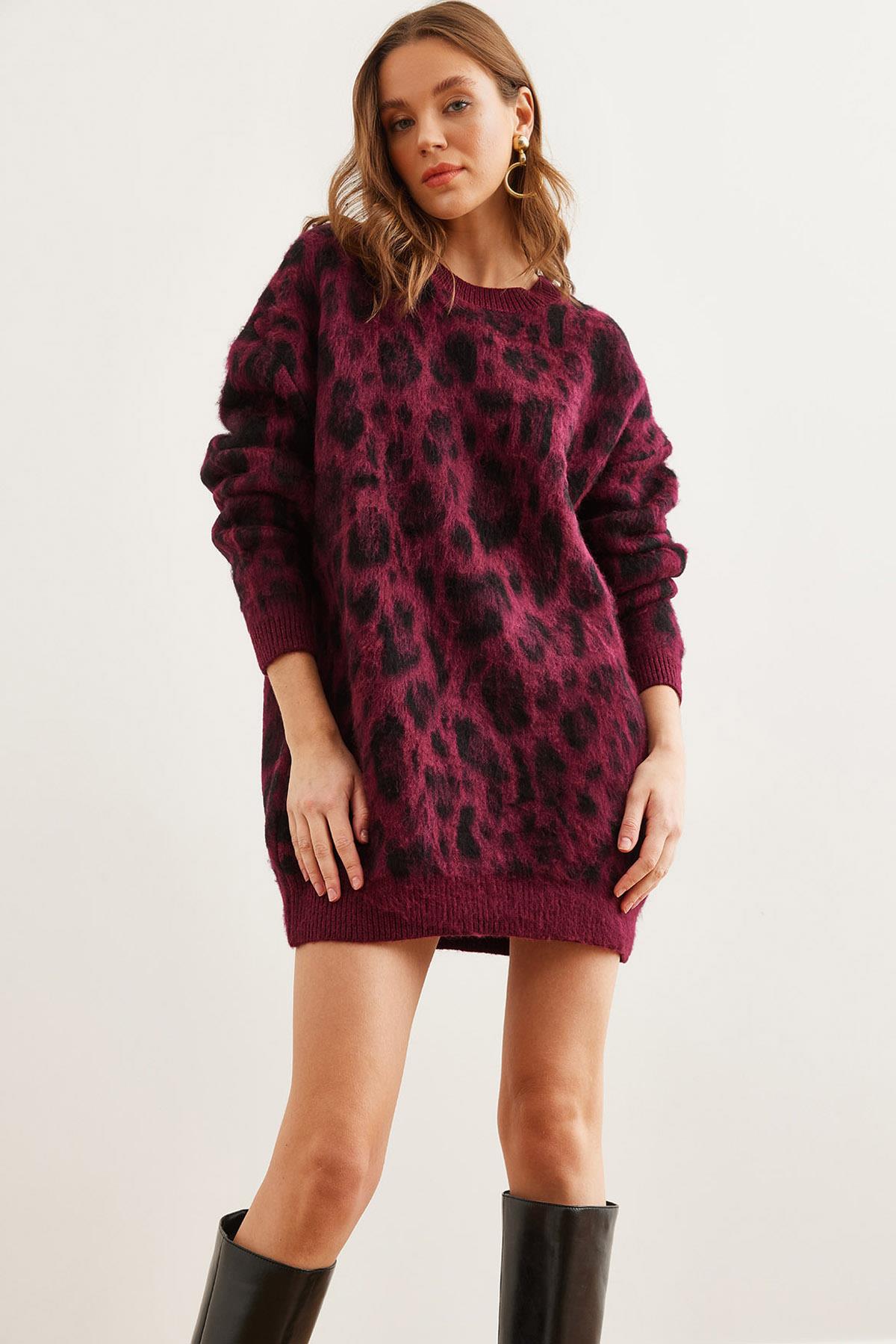 Şardonlu Oversize Leopar Tunik Elbise Bordo