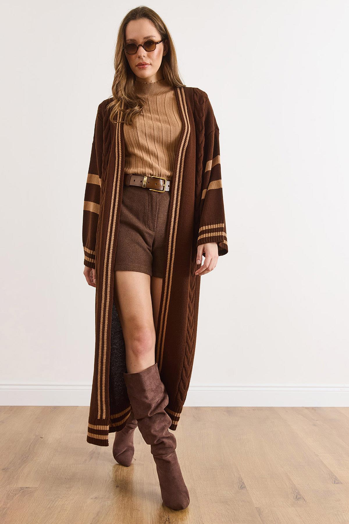 Şerit Detaylı Maxi Oversize Triko Hırka Acı Kahve