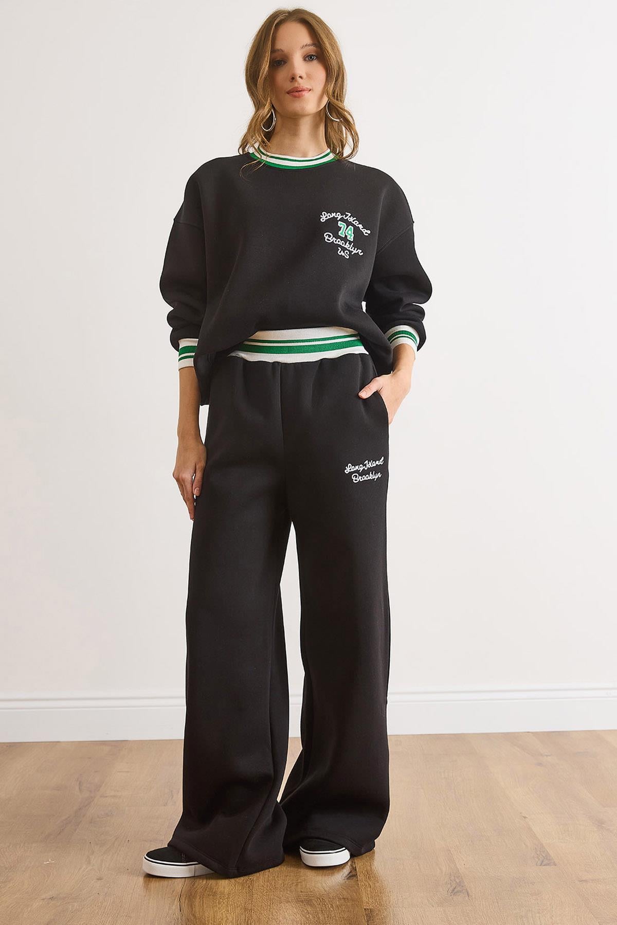 Şerit Detaylı Nakışlı Şardonlu Kalın Eşofman Takımı Siyah