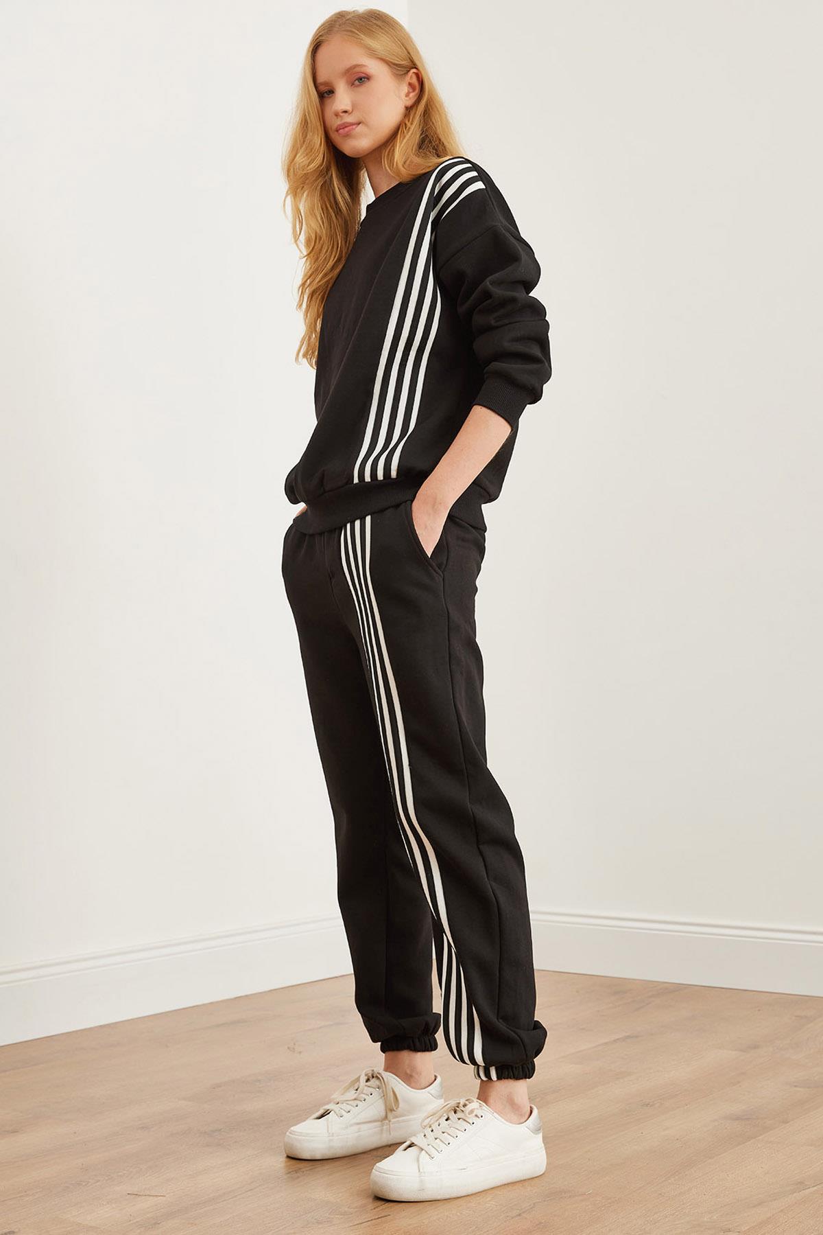 Şerit Detaylı Şardonlu Kalın Eşofman Takımı Siyah