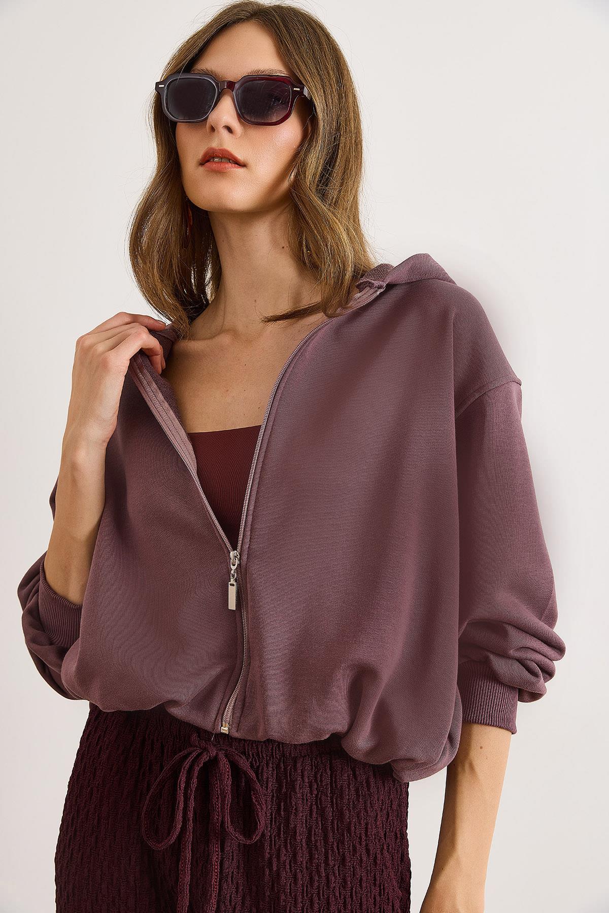 Sırtı Baskılı Gizli Cepli Trend Şardonsuz Kalın Sweatshirt Mürdüm