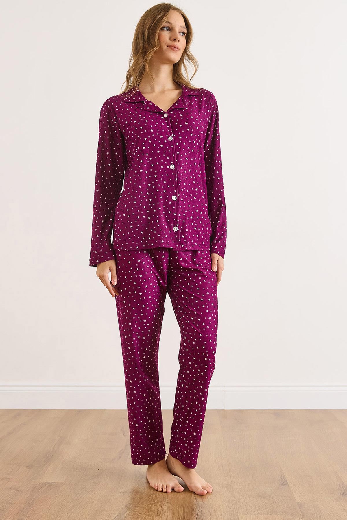 Süet Dokulu Pijama Takımı Yıldız Mor