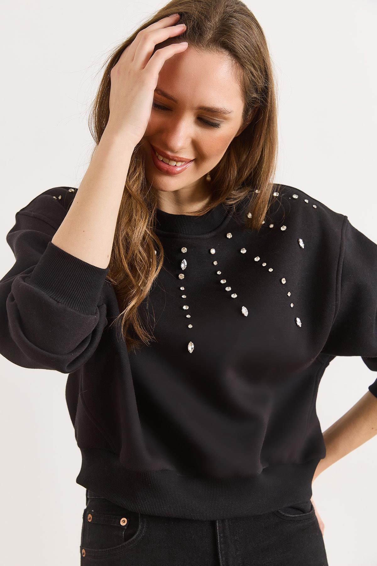 Taş Detaylı Şardonlu Kalın Sweatshirt Siyah