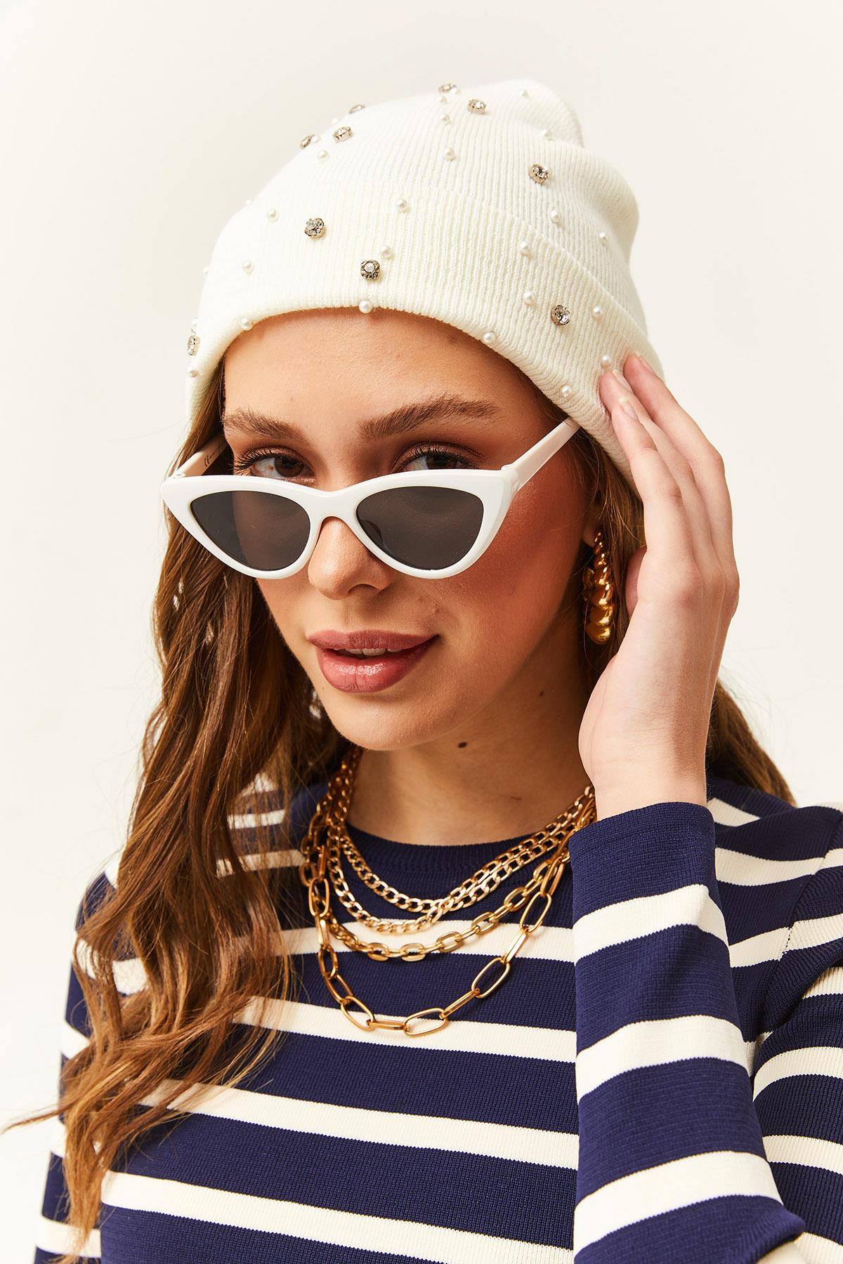 Taşlı Triko Bere Ekru