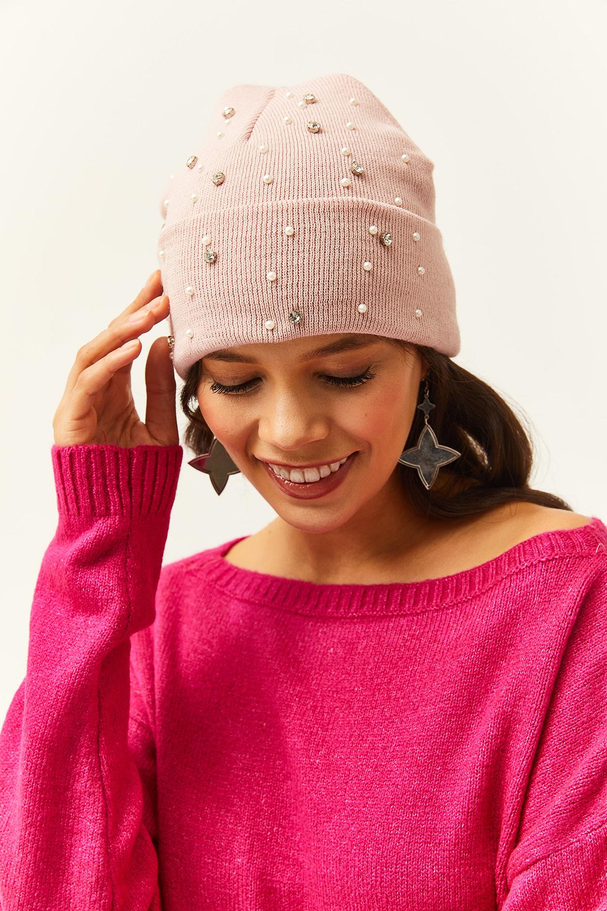 Taşlı Triko Bere Pudra