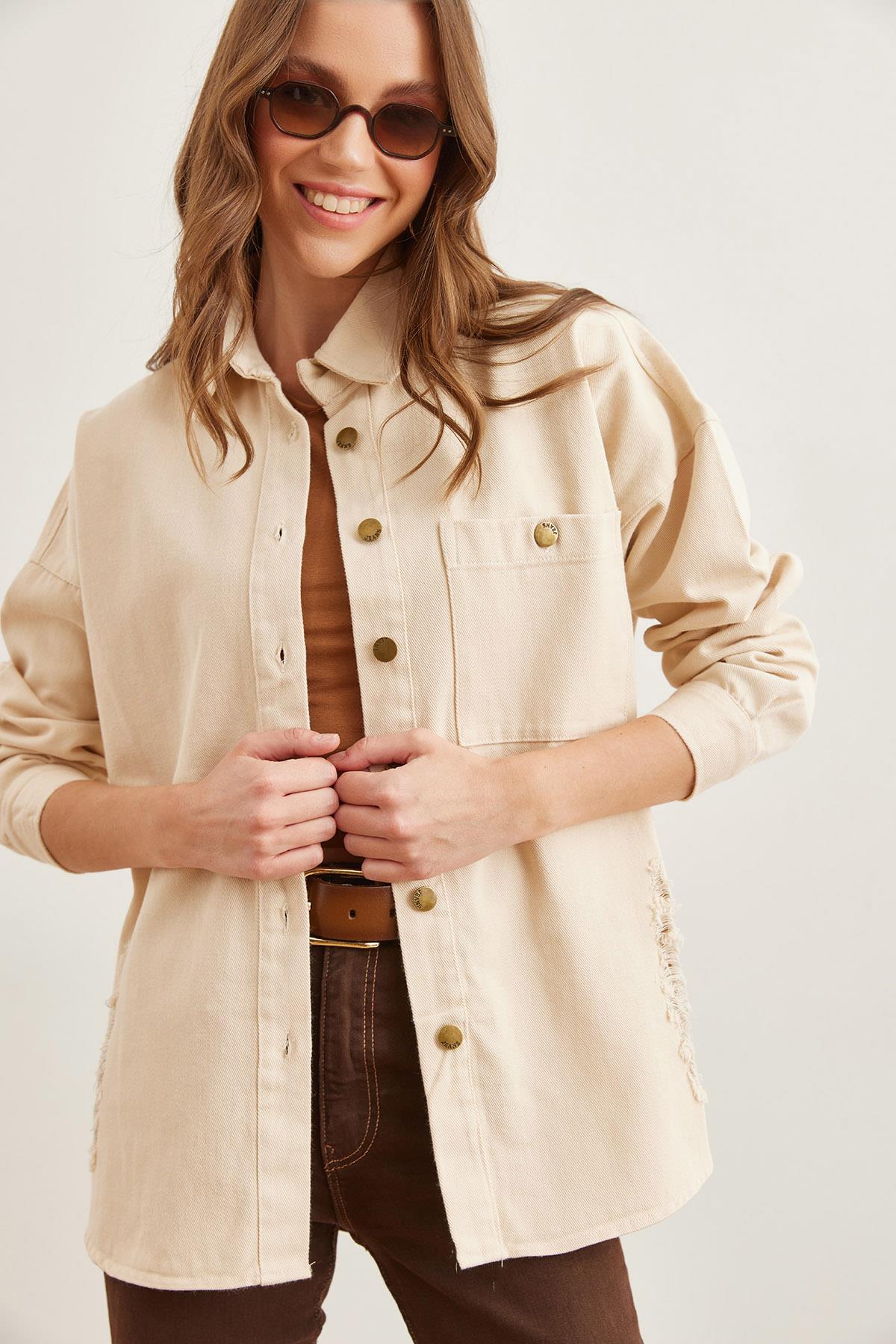 Tek Cepli Yırtık Detaylı Pamuk Gabardin Ceket Taş