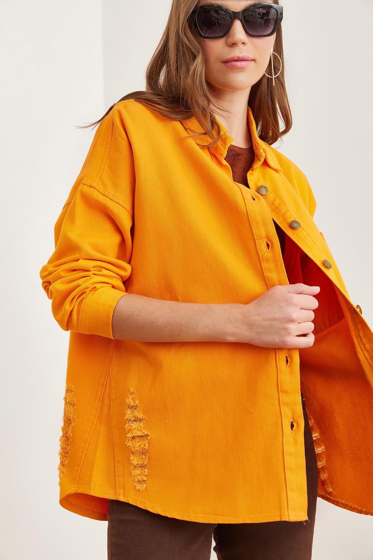 Tek Cepli Yırtık Detaylı Pamuk Gabardin Ceket Turuncu