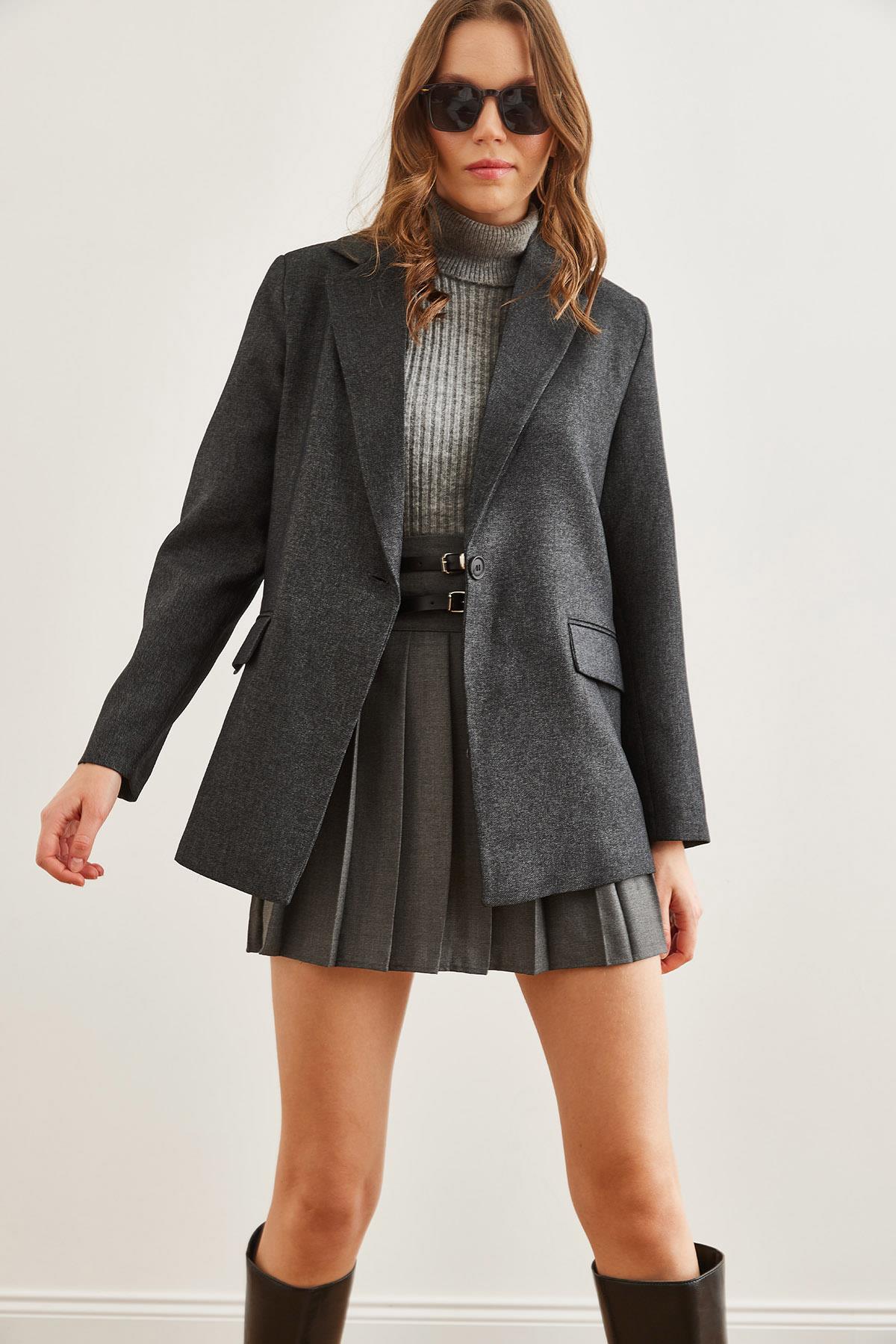 Tek Düğme Cep Kapaklı Yün Efektli Blazer Ceket Siyah