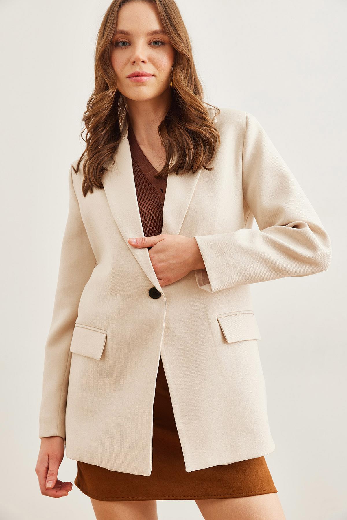 Tek Düğme Cep Kapaklı Yün Efektli Blazer Ceket Taş