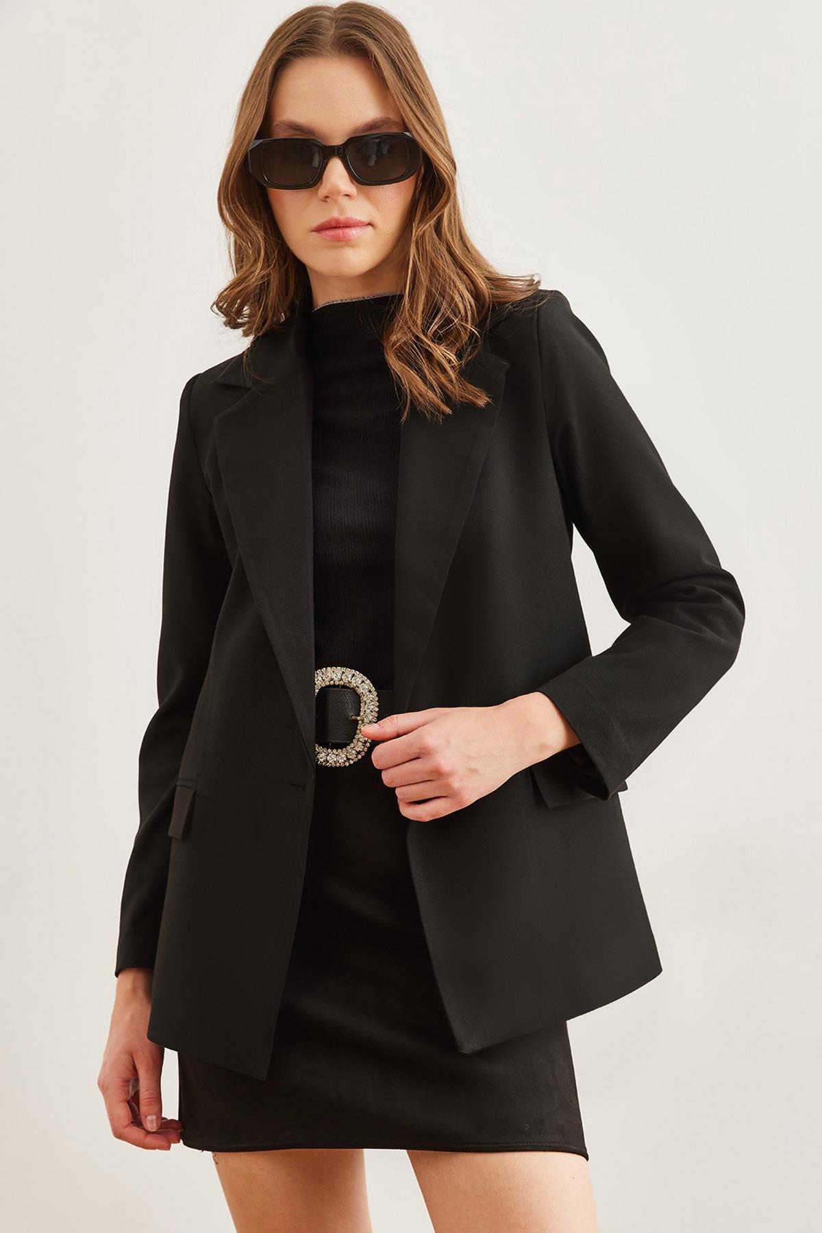 Tek Düğmeli Astarlı Cep Kapaklı Premium Blazer Ceket Siyah