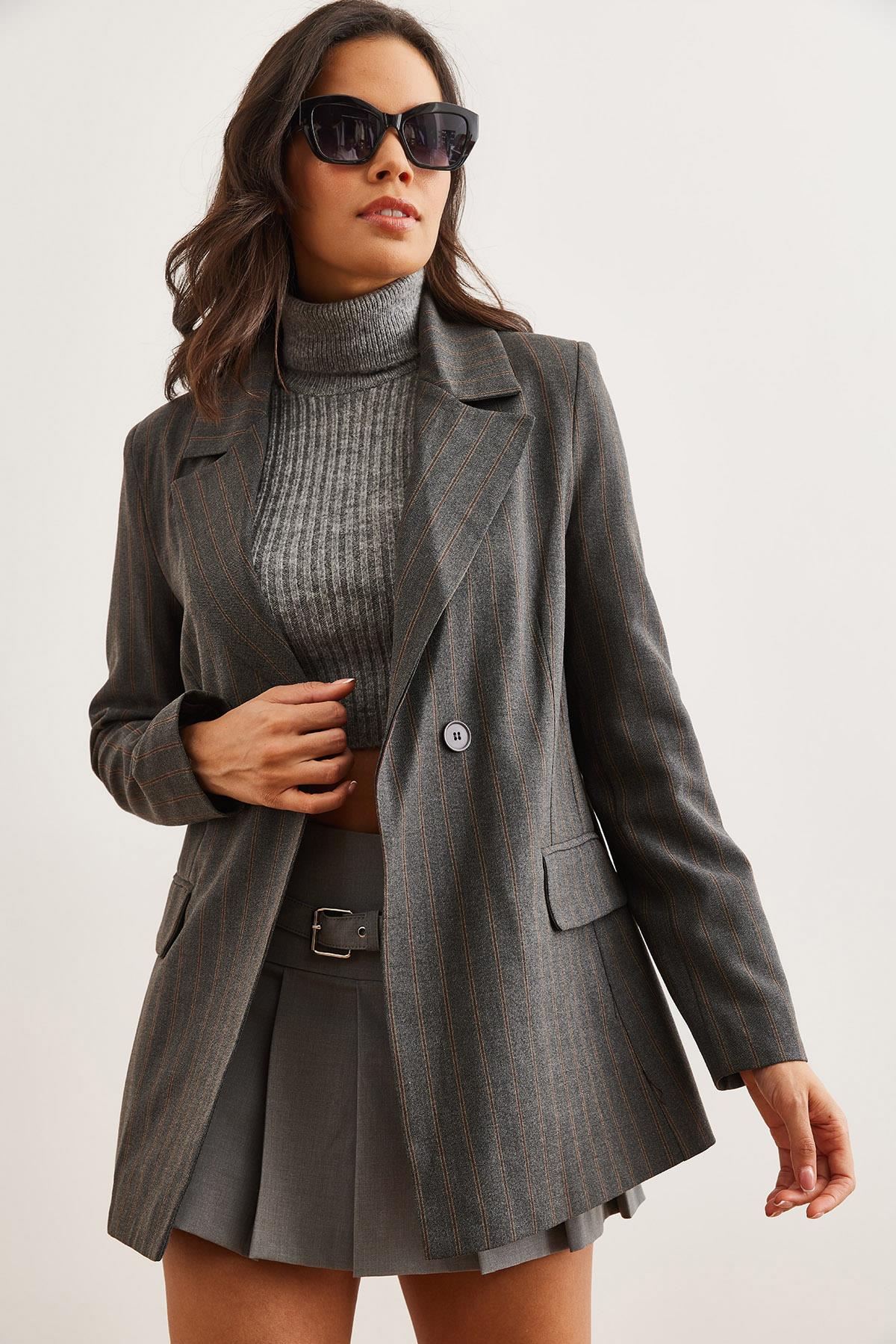 Tek Düğmeli Astarlı Oversize Blazer Ceket Çizgili Gri