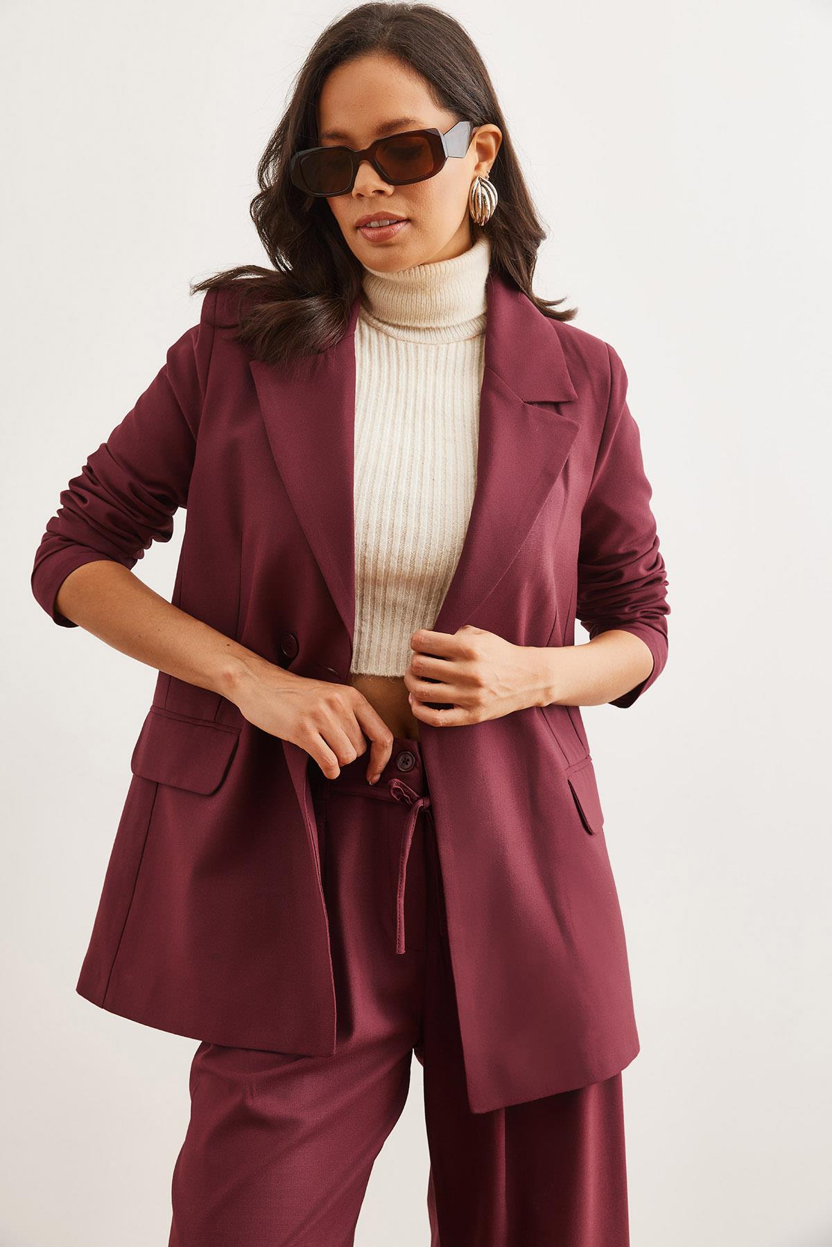Tek Düğmeli Astarlı Oversize Blazer Ceket Bordo