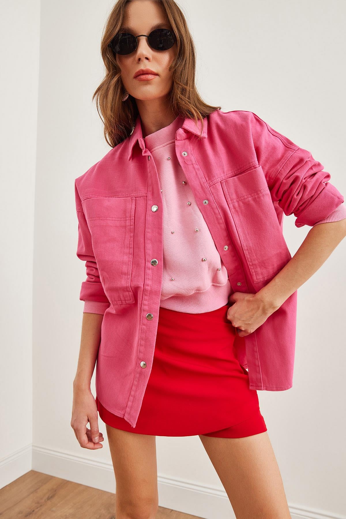 Torba Cepli Oversize Gabardin Gömlek Fuşya