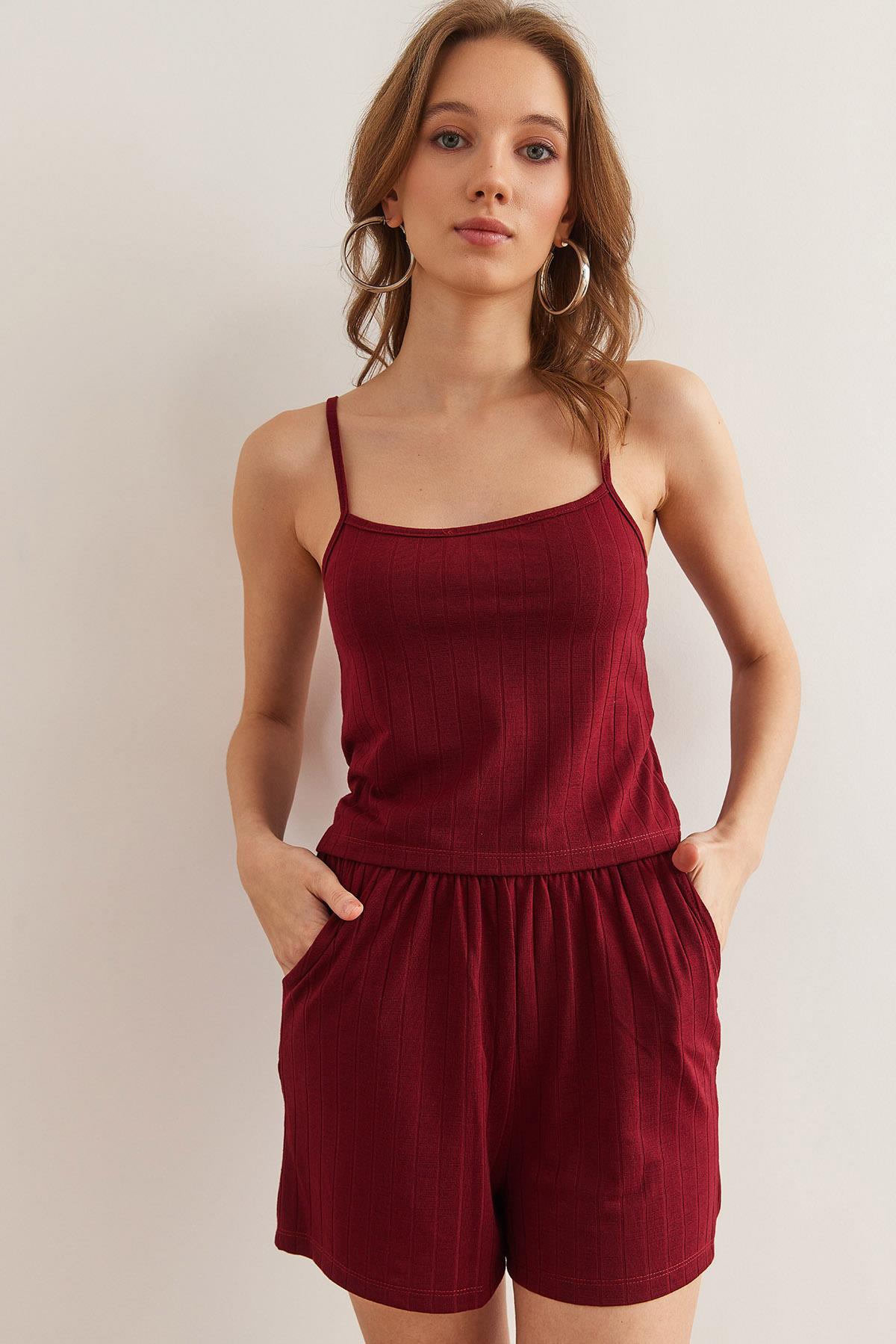 Üst Askılı Bluz Alt Cepli Şort Pijama Takım Bordo