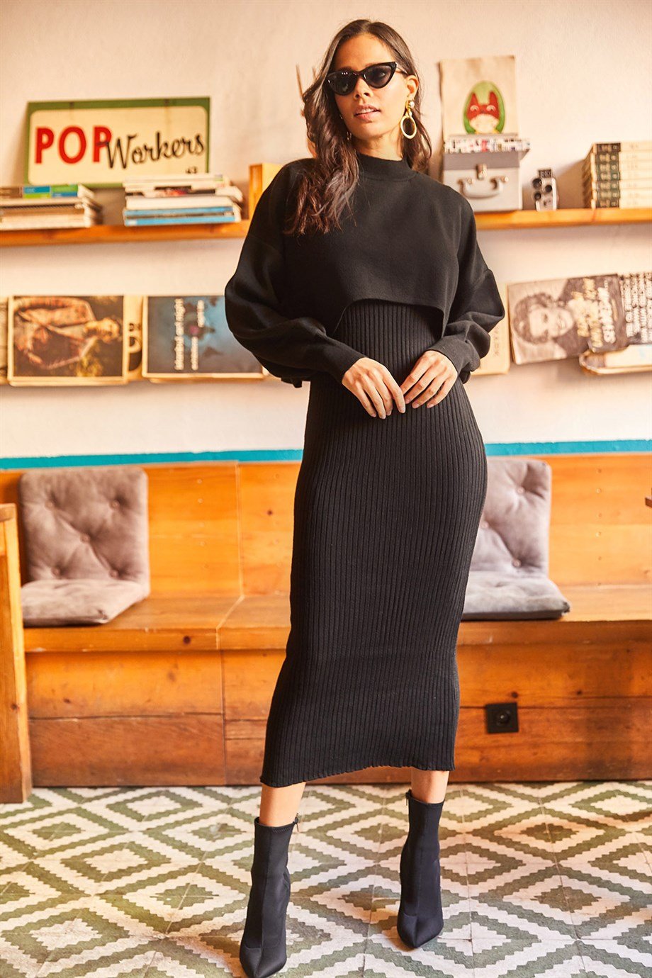 Olalook Üst Crop Kazak Alt Askılı Elbise Triko Takım Siyah
