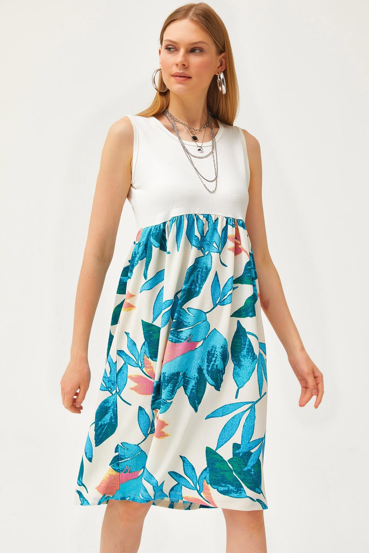 Üst Kristal Alt Desenli Örme Elbise Ekru mavi