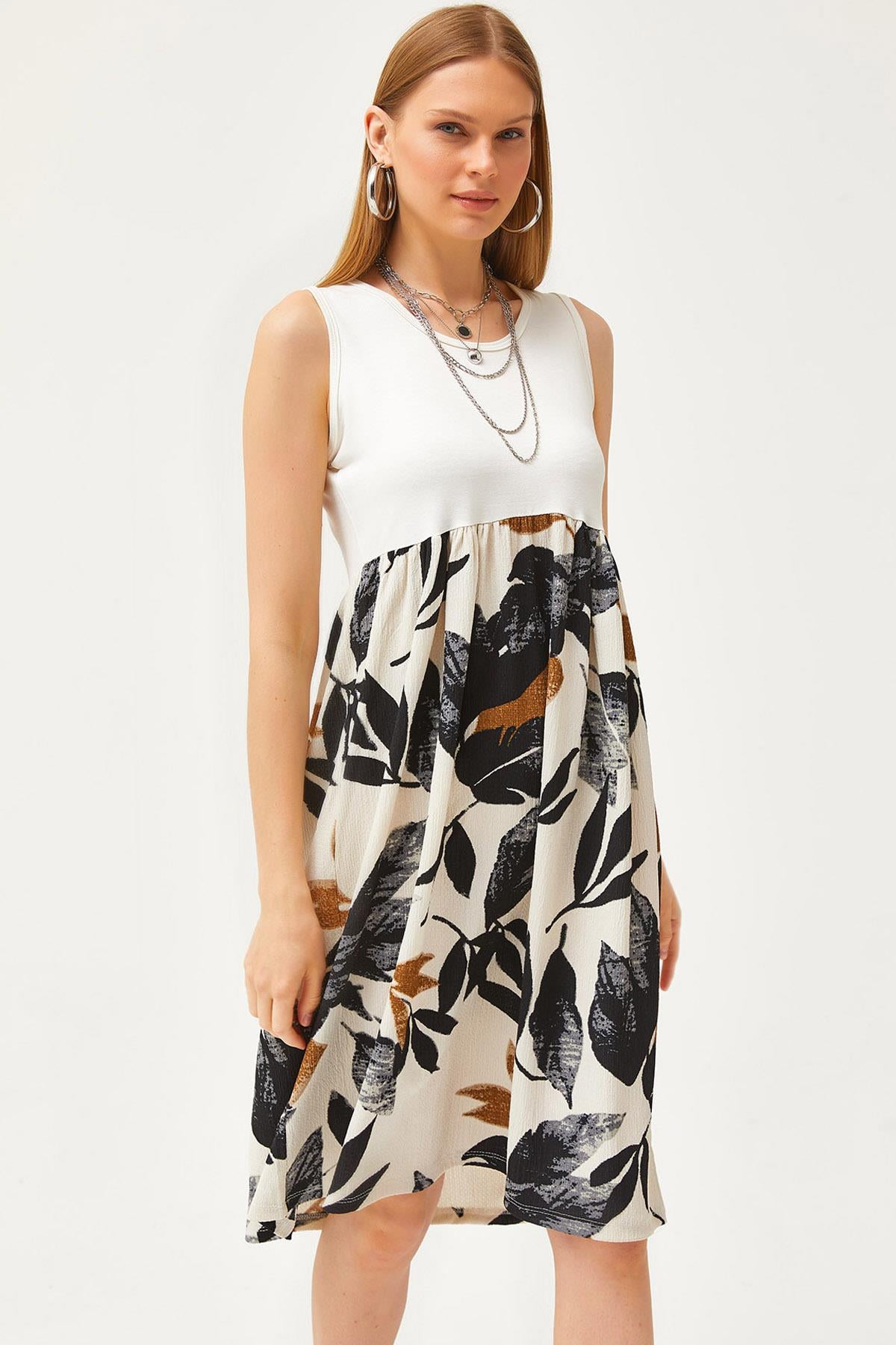 Üst Kristal Alt Desenli Örme Elbise Ekru Siyah