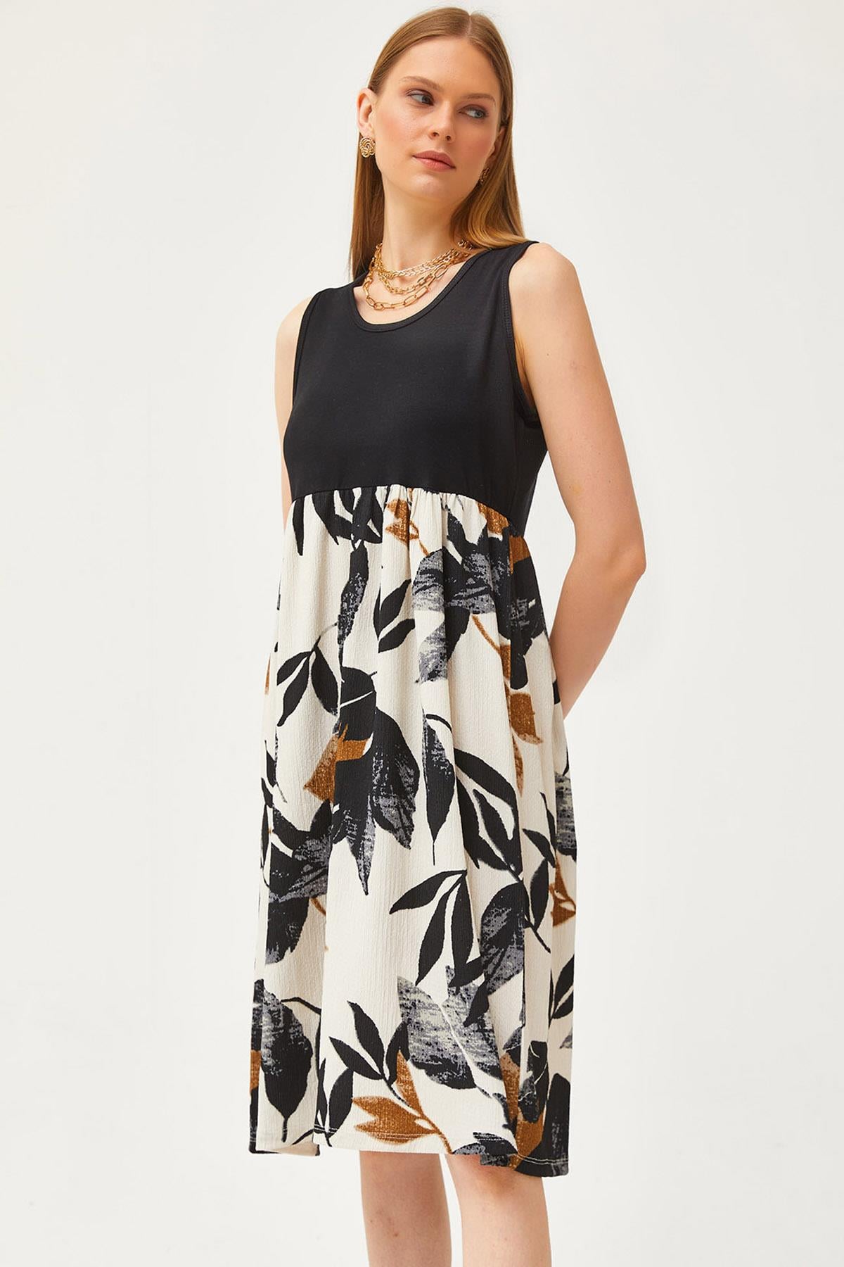 Üst Kristal Alt Desenli Örme Elbise Siyah Yaprak