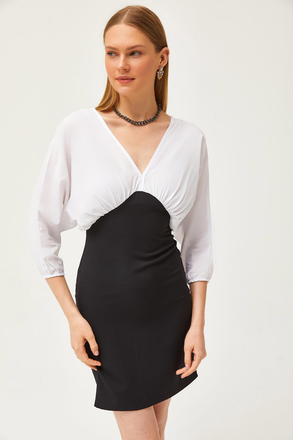 Üstü Poplin Sırtı Fermuarlı Mini Şık Elbise Siyah