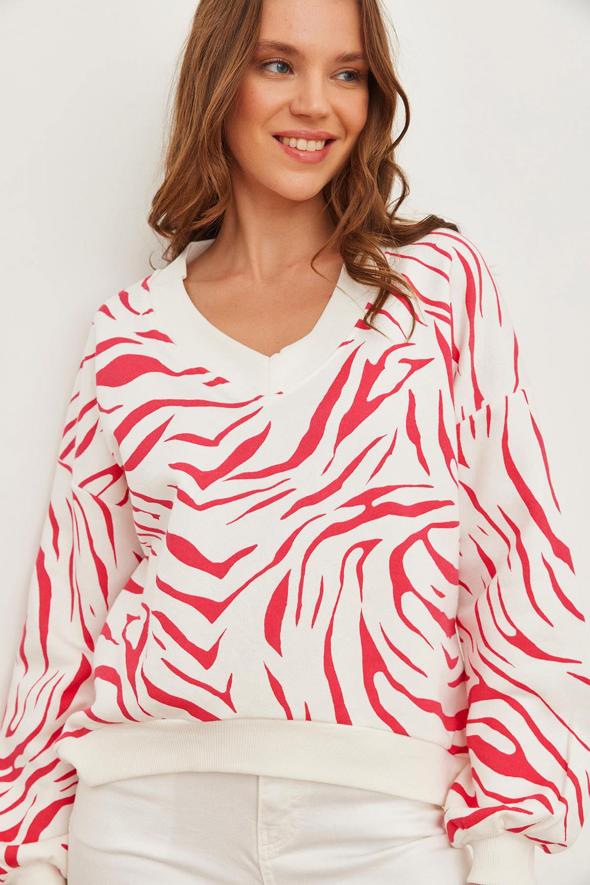 V Yaka Şardonlu Zebra Kalın Sweatshirt Fuşya