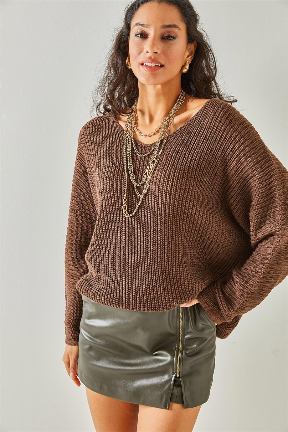 V Yaka Selanik Örgü Oversize Triko Tunik Acı Kahve