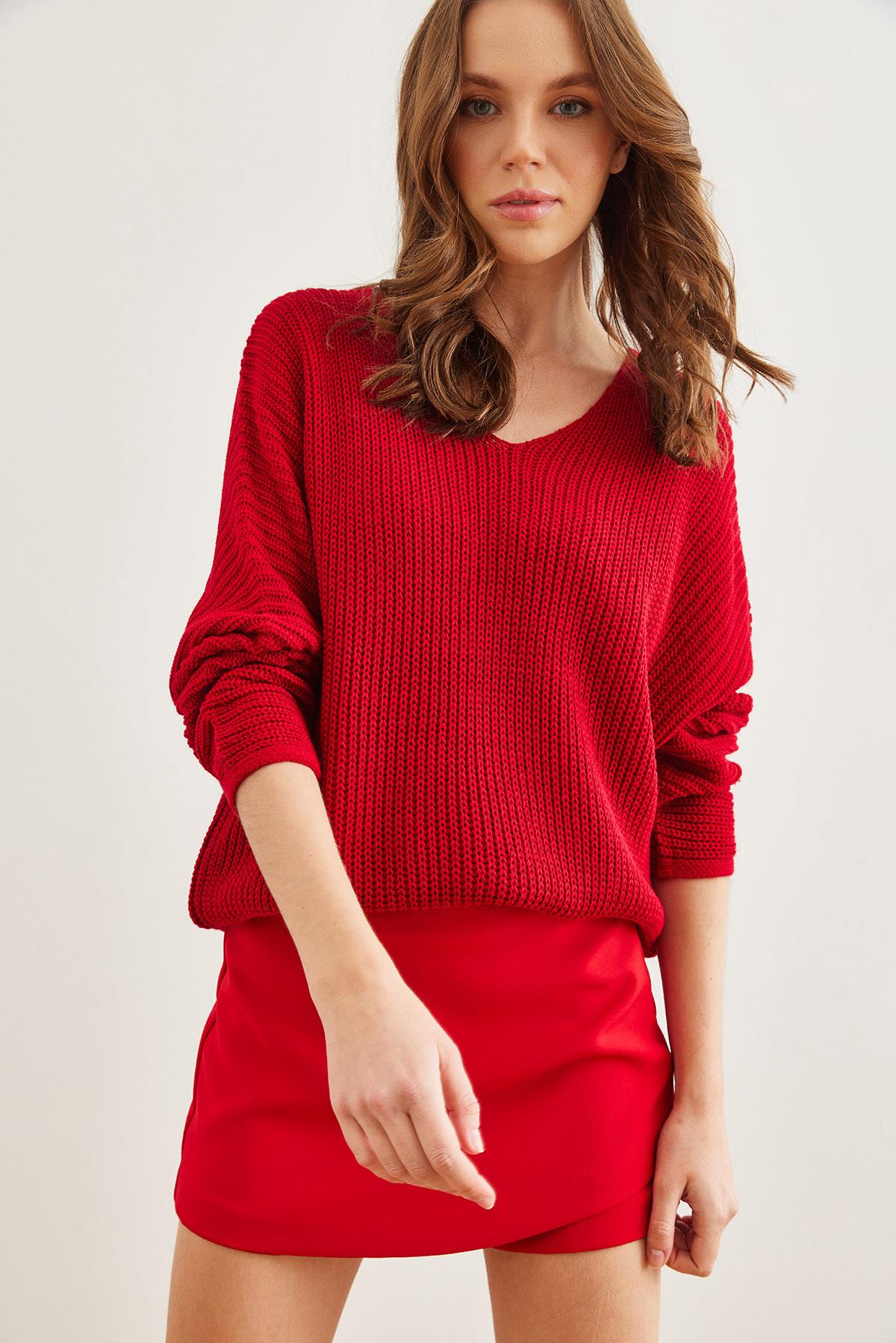 V Yaka Selanik Örgü Oversize Triko Tunik Kırmızı