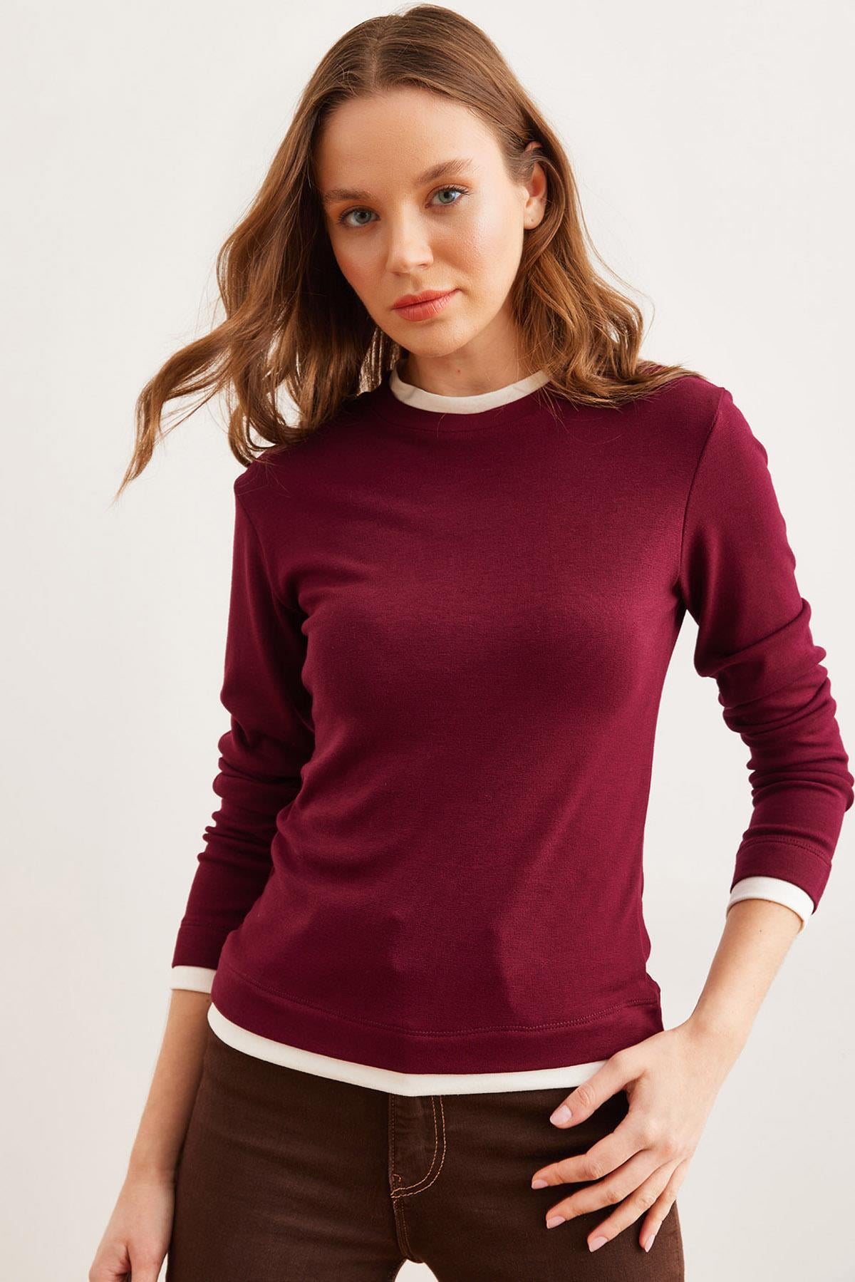 Yaka ve Etek Garnili Soft Touch Esnek Bluz Bordo