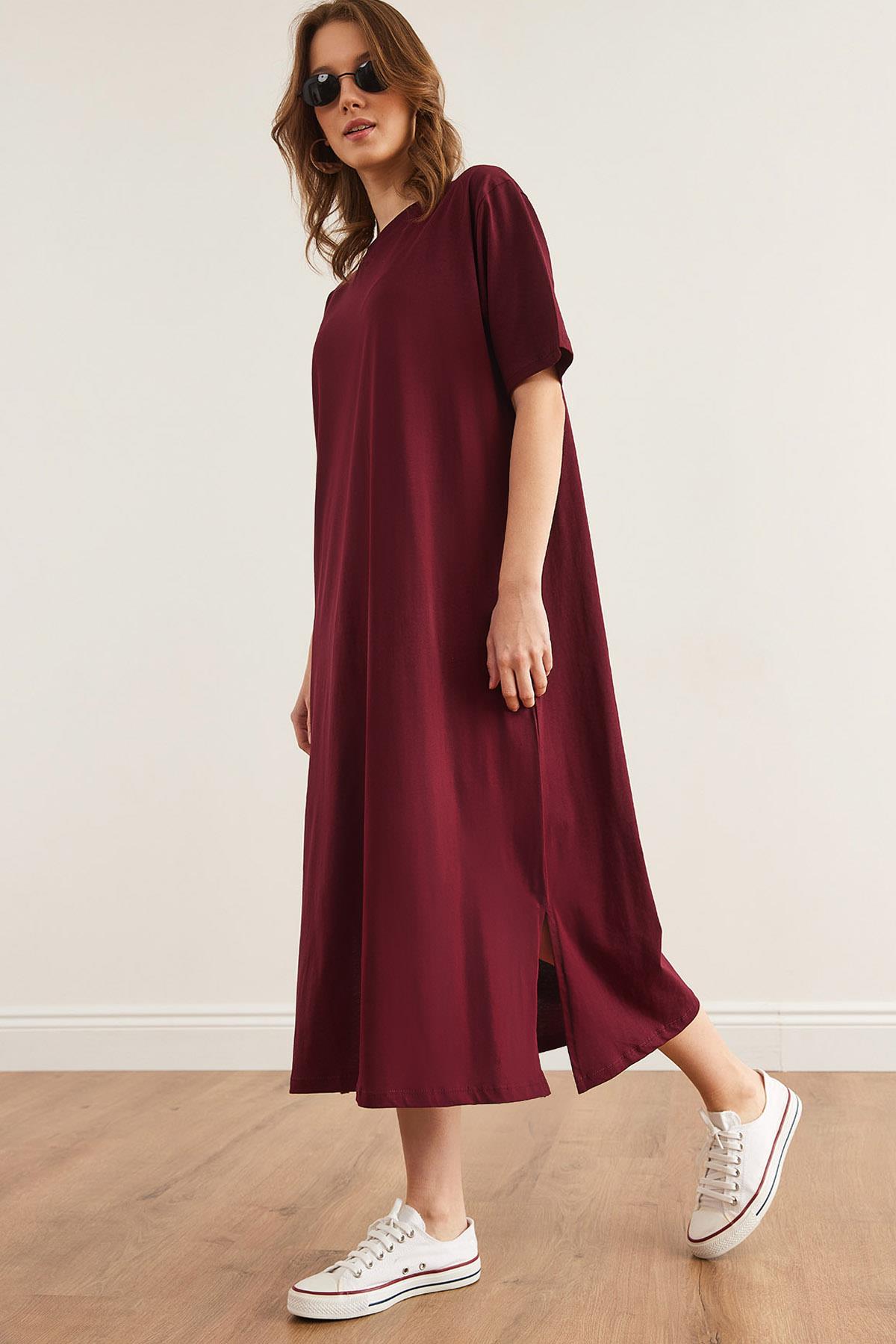 Yanı Yırtmaçlı Oversize Pamuk Elbise Bordo